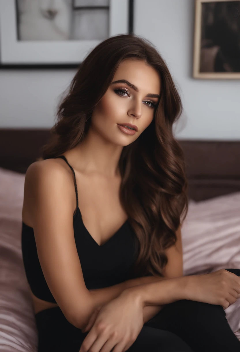 arafed frau mit schwarzen kleidern, Sexy girl with brown eyes, portrait sophie mudd, brown hair and big eyes, Selfie einer jungen Frau, Augen im Schlafzimmer, Violet Myers, ohne Make-up, Natural makeup, Blick direkt in die Kamera, Gesicht mit Artgram, dezentes Make-up, Stunning full body shot, im Schlafzimmer, Spaltung
