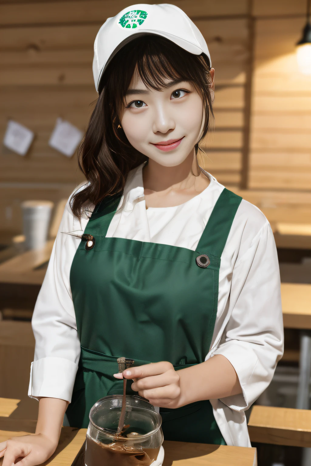 1 girl wearing a green apron for a Starbucks employee，white  shirt，Black pantsuit，Black baseball cap on head，Work at a Starbucks workbench， rim-light，The upper part of the body， 鎖骨， the face， idoly， depth of fields， tilt， Reflective，