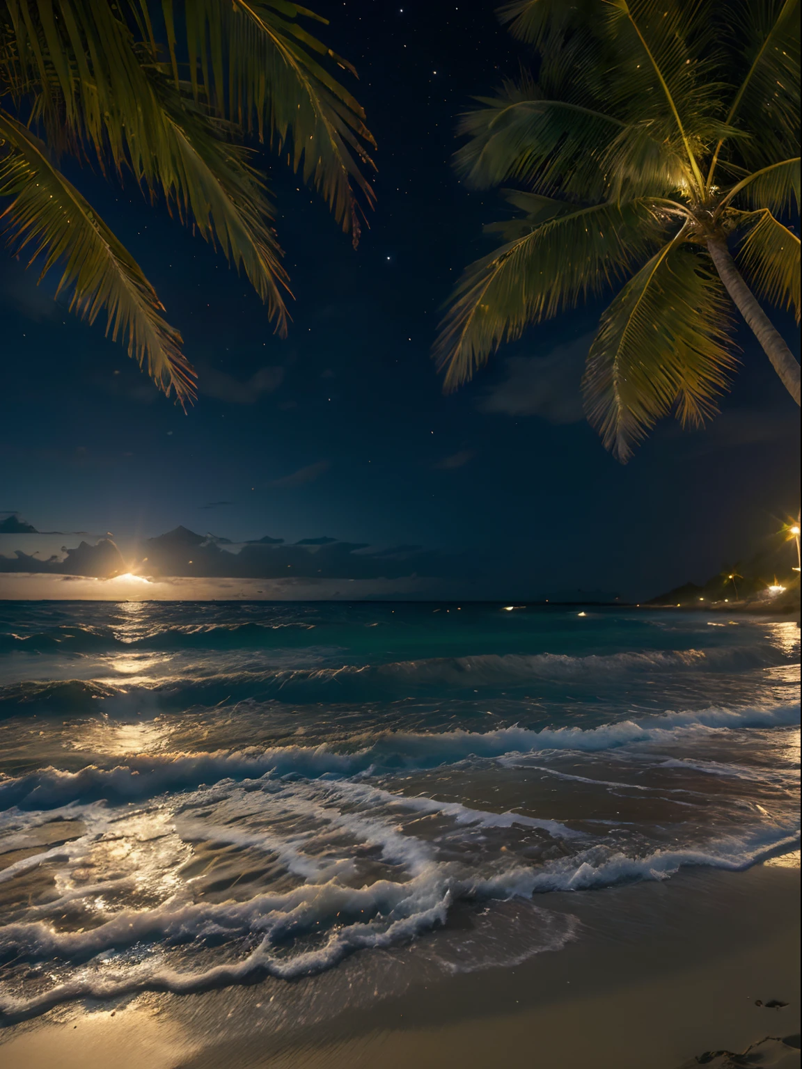 ((obra prima)), ((melhor qualidade)), (( melhor desempenho)), ((8K resolution)), Praia a noite, Paradisiacal scenery, Beach scenery at night, Lindo luau, beach setting, Beach vegetation, Foto realista, cinematiclight