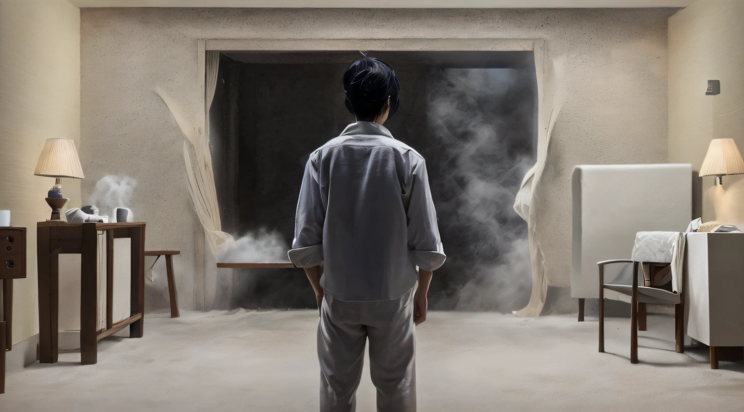 Side 32K,division(tmasterpiece,k hd,hyper HD,32K)Long flowing black hair,Camping area,zydink, a color,废墟(canyons), (Linen batik scarf), Combat posture, looking at the ground, Linen bandana, Chinese python pattern long-sleeved garment, 废墟(Abstract gouache splash:1.2), Dark clouds lightning background,Flour flies(realisticlying:1.4),Black color hair,The dust is blowing,Background fog, A high resolution, the detail, RAW photogr, Sharp Re, Nikon D850 Film Stock Photo by Jefferies Lee 4 Kodak Portra 400 Camera F1.6 shots, Rich colors, ultra-realistic vivid textures, Dramatic lighting, Unreal Engine Art Station Trend, cinestir 800,Flowing black hair,(((Sideman Mage)))Full-body side