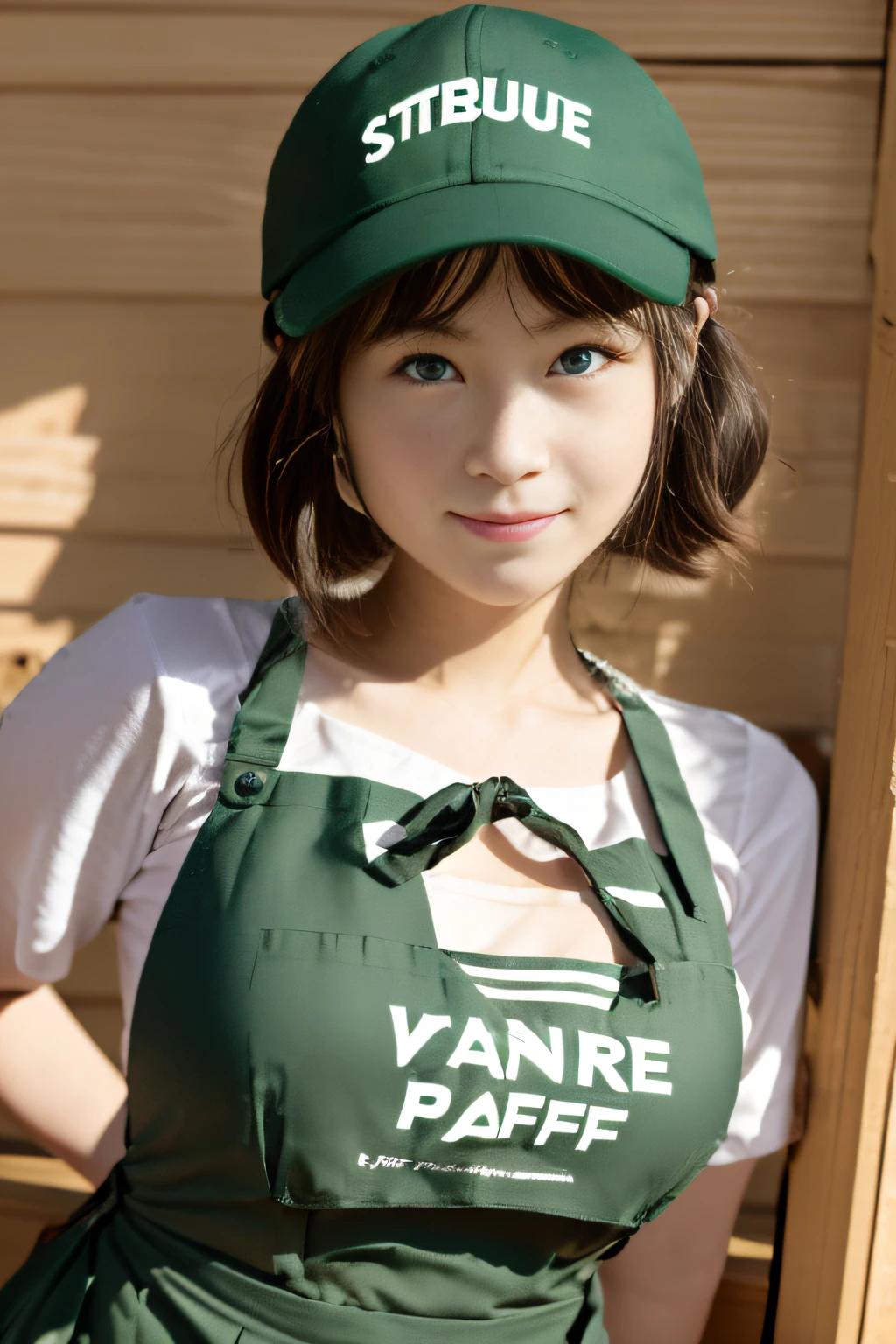 1 girl wearing a green apron for a Starbucks employee，There are  on the upper body, only an apron，Black pantsuit，Black baseball cap on head，Work on a Starbucks workbench， rim-light，The upper part of the body， 鎖骨， the face， idoly， depth of fields， tilt， Reflective，