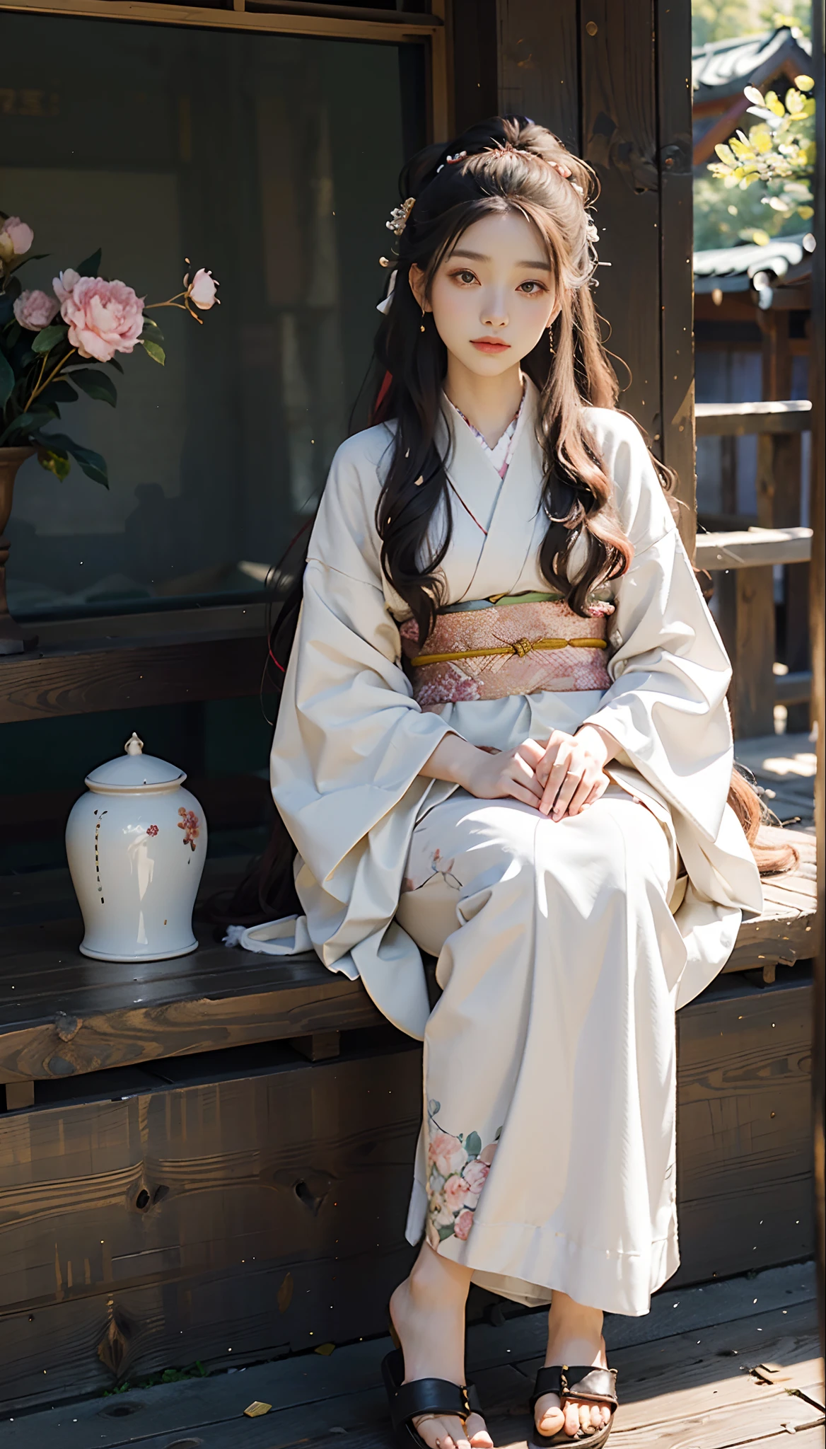 meticulous portrayal of face,1 noblewoman,(Hairpins),(Camellia kimono),(Long flowing colored hair),Simple and elegant Japanese clothing,Collar,(black sock+,clogs), s the perfect face, perfect hand, Perfect Finger, Perfect lips, perfect eyes,Extremely normal body,Ancient Japanese town background,Perfect background