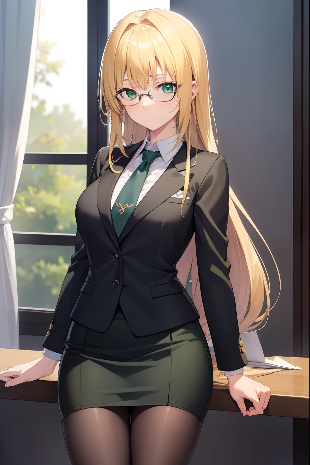 Lunatieque Tiage, Whimsical tears, Blonde hair, (Green eyes:1.5), Hair intake, Long hair, low-tied long hair, Glasses,
Breaking a business suit, Formal, Jacket, pantyhose, pencil skirts, Skirt, Skirt suit, Suit, thighs thighs thighs thighs, Black Suit, Black jacket, Black skirt,
BREAK looking at viewer,
Break indoors, crass room,
BREAK (masutepiece:1.2), Best Quality, High resolution, Unity 8k壁纸, (Illustration:0.8), (Beautiful detailed eyes:1.6), extra detailed face, Perfect Lighting, extremely details CG, (Perfect hands, Perfect Anatomy),