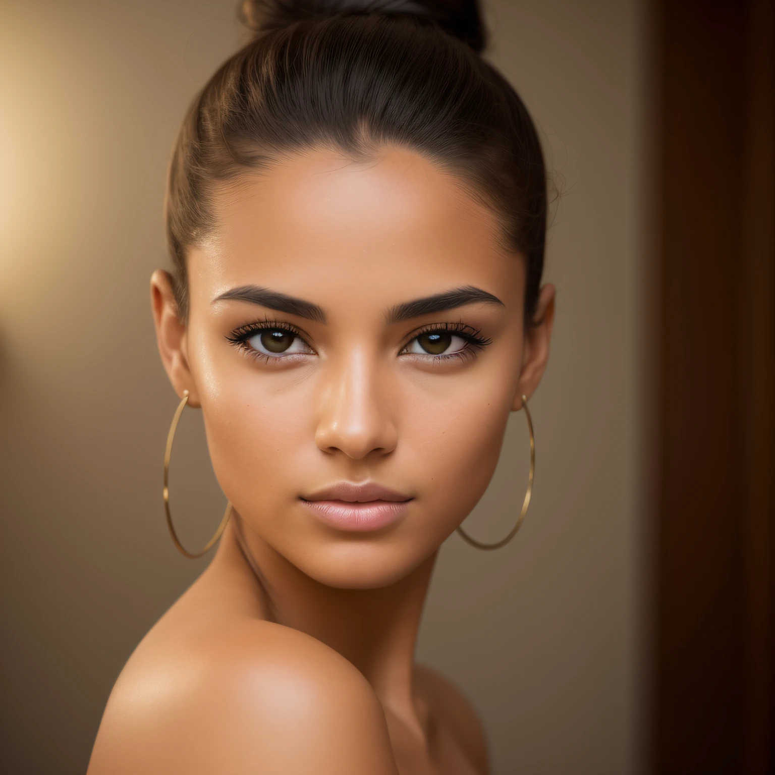 A photorealistic portrait of a insanely beautiful tanned Brazilian young woman with no makeup, mixed race, caucasian, skin is tanned, extremely detailed light green eyes, hair is in a sleek bun, detailed symmetric realistic face, realistic facial proportions, extremely detailed natural texture, peach fuzz, dark brown hair, masterpiece, award winning photo by Francesco Scavullo, nikon d850 film stock photograph, kodak portra 400 camera f1.6 lens, extremely detailed, amazing, fine detail, rich colors, hyper realistic lifelike texture, dramatic lighting, unrealengine, trending on artstation, cinestill 800 tungsten, looking at the viewer, photo realistic, RAW photo, TanvirTamim, high quality, highres, sharp focus, extremely detailed, cinematic lighting, 8k uhd