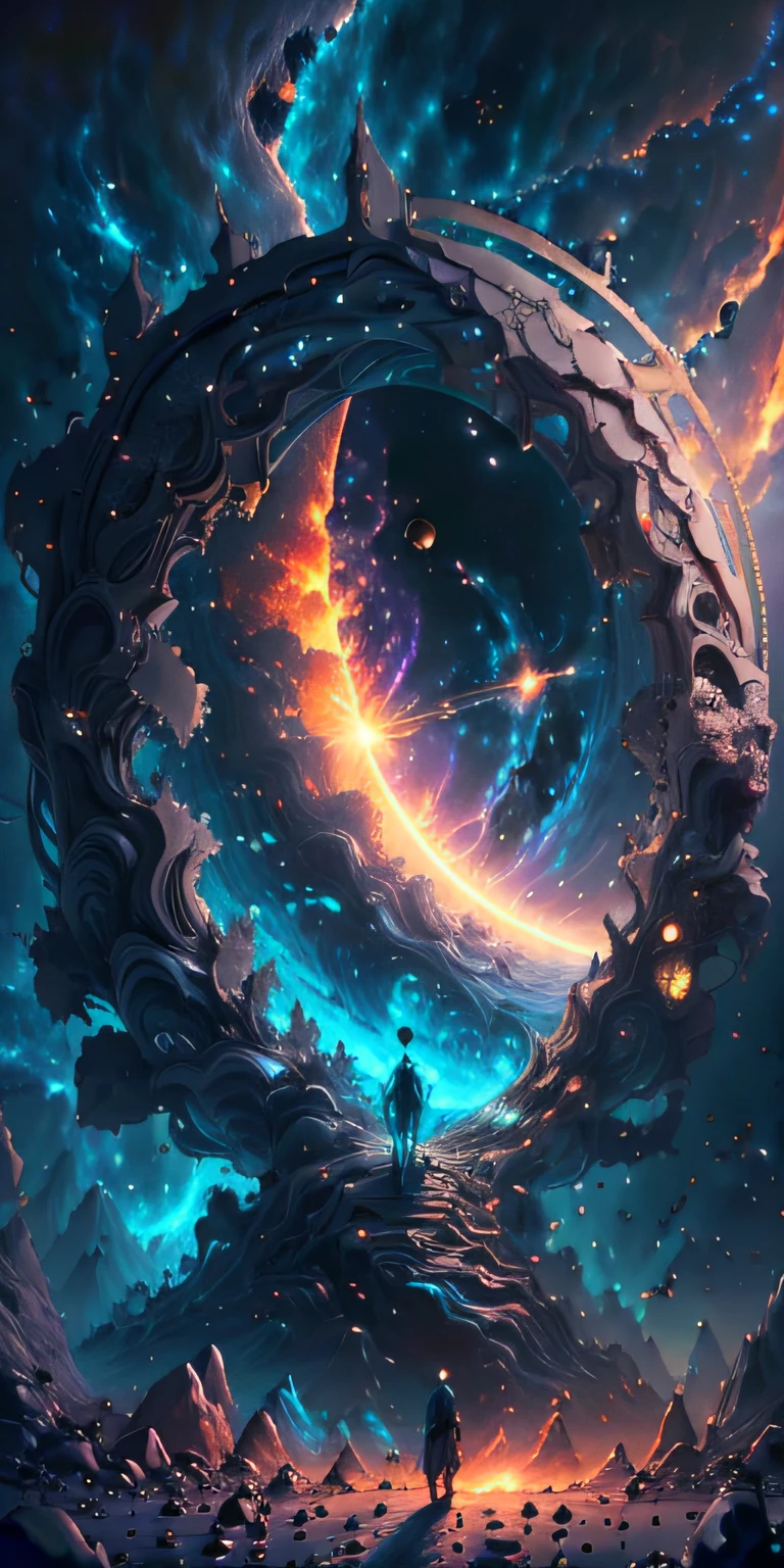 A man standing in front of a space gate overlooking the sun, Cyril Rolando e Goro Fujita, Portal para outro universo, inspirado em Cyril Rolando, Portal to another dimension, world seen only through a portal, Fantastic high-quality photo, Portal para outro mundo, Portal to outer space, Ao estilo de Cyril Rolando, Looking into space