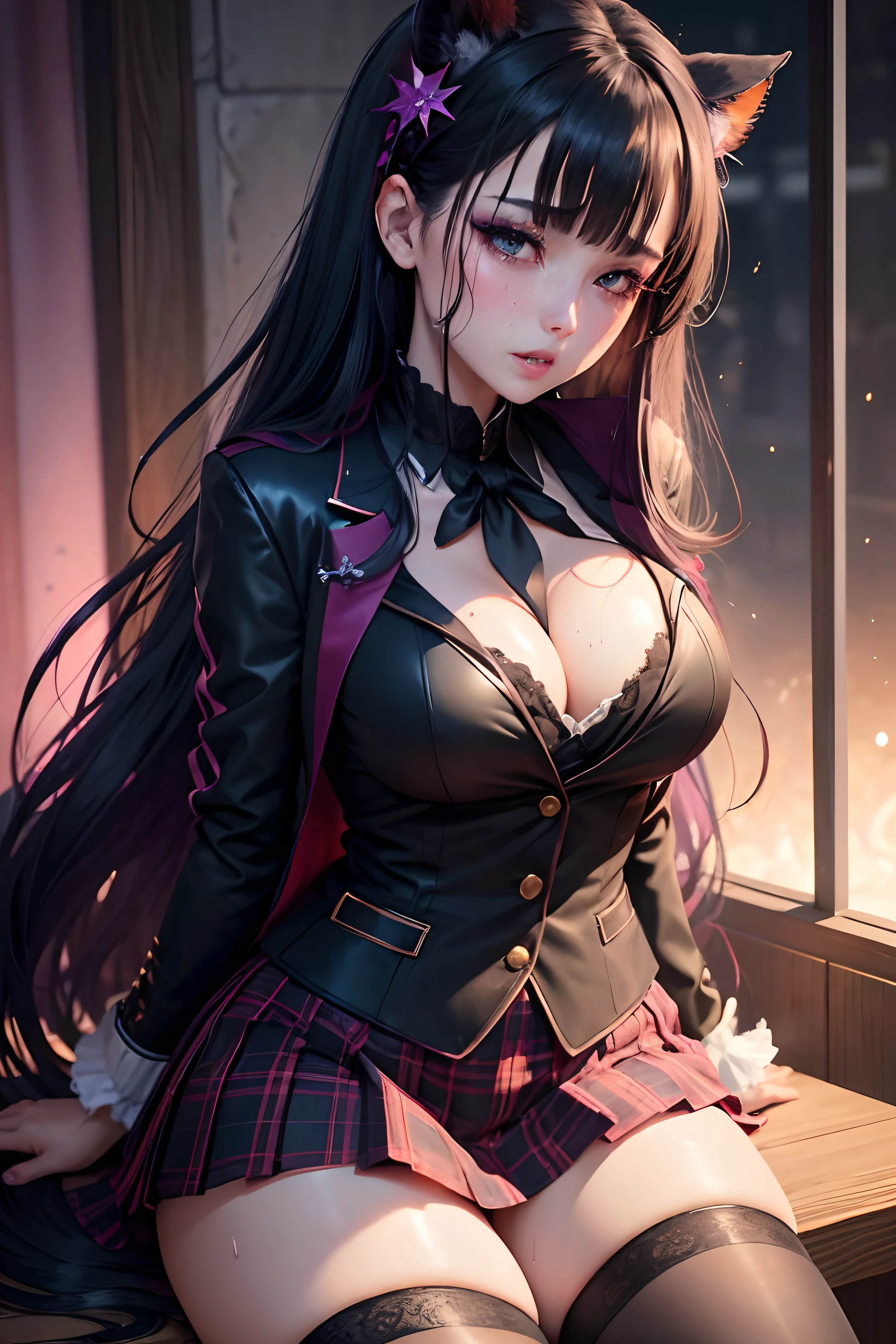 girl Blazer、High school girl uniform、Red checked skirt、JK style、jaket、to stand、A sexy、Glamour、A slight smil、garterbelts、knee high socks、panthyhose、Beautifying the world、Unhappy、Transcendent beauty、Beautiful shape、wretched、ghosts、wraiths、Evil Spirit、Beautiful、boredom、Unusual beauty、Bewitching、Fornication、Hard Dark Gothic Makeup、twin-tail hair、Black Dark Eyeshadow、slaves、crying how bright、mourn、Sad songs、Good skin luster、Long hair straight hair、Dark Gothic Makeup、Dark smile、Expressions of sexual arousal、Fragrant beauty、age19、seductiv、look down from above、 slightly plump thighs、Strong sexual pleasure facial expressions、A look of shame、open your legs a little、Dark purple hair、masturbation、Obscene look、Stained glass background、masutepiece、Best Quality、Ultra-detailed、Refers to 5 books、Sweat glitters on my shoulders、Sweat glitters on my chest、Glitter of sweat on your face、Glitter of sweat on your thighs、Deep hands in the crotch and panting expression、Expression of sexual pleasure in anguish、Sweating profusely、Drunken face、Nasty Woman、