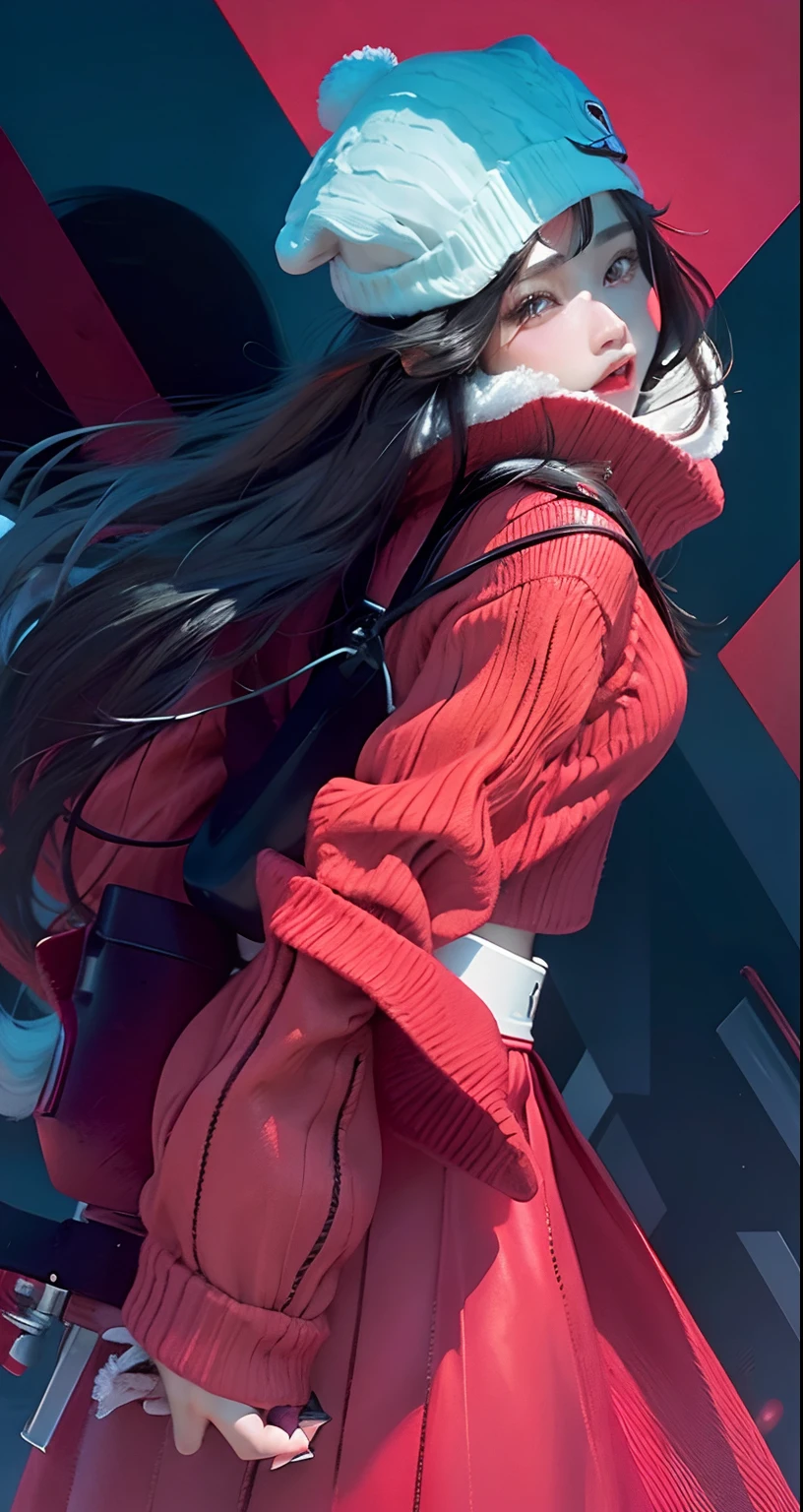 1girl, licking face, red sweater, white hat, black hair, long hair, realistic, super detail, 70mm lens