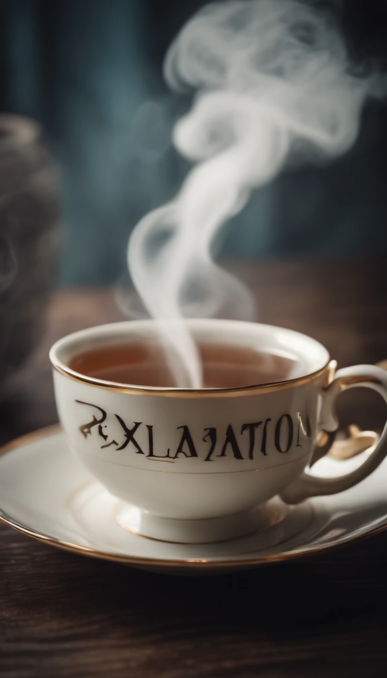 An illustration of a tea cup with steam swirling around the words "relaxation" and "balance."