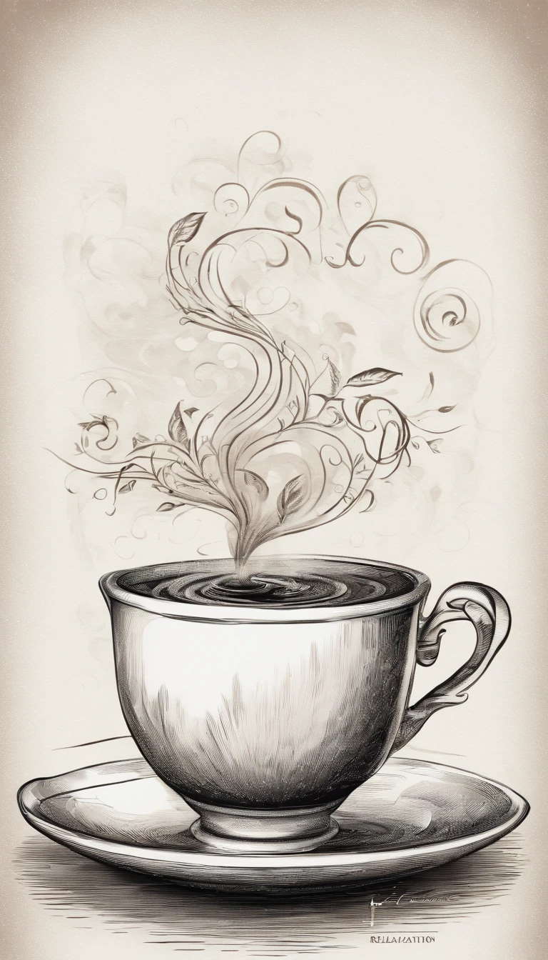 An illustration of a tea cup with steam swirling around the words "relaxation" and "balance."