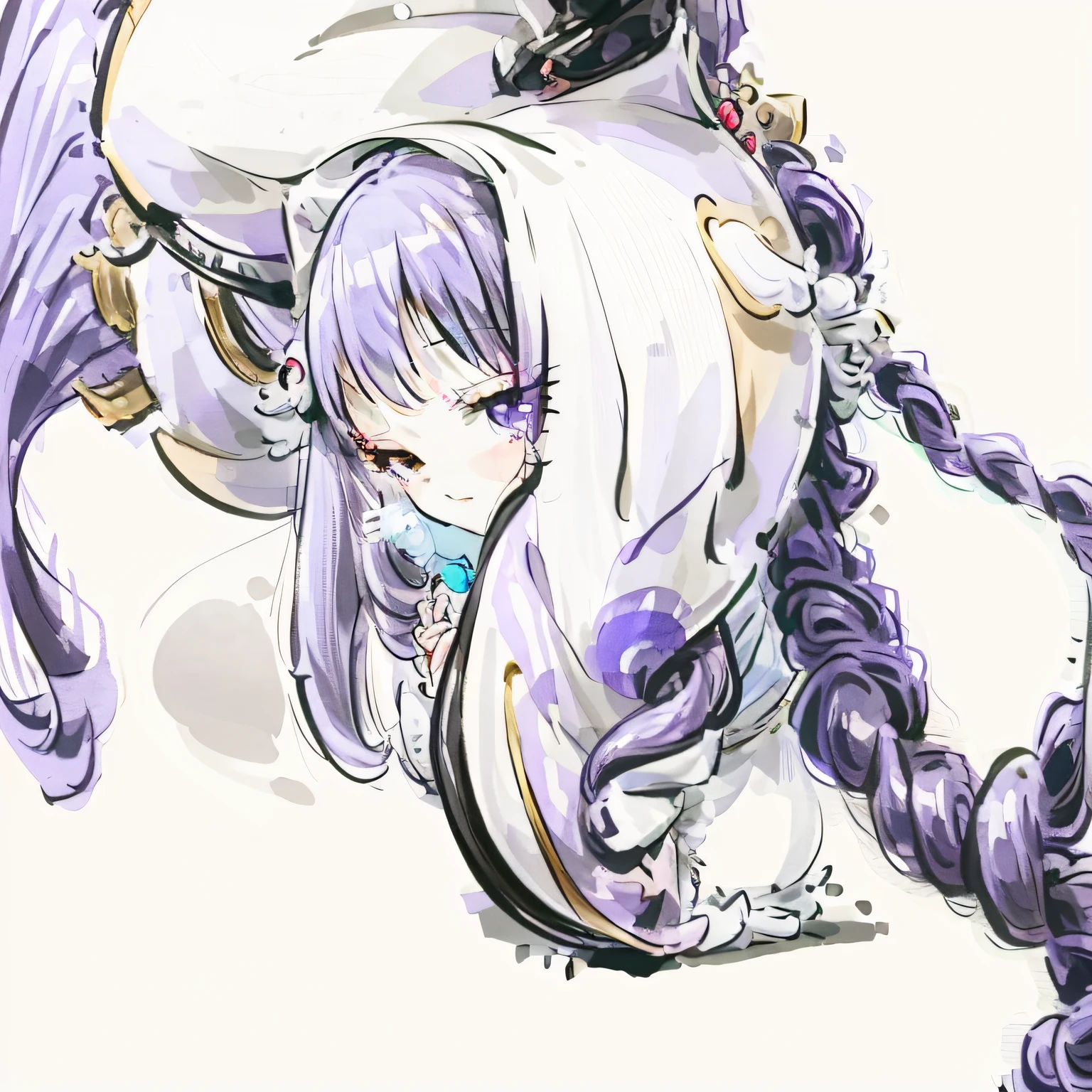 arafed woman with long purple hair wearing a white hat, sakimichan, anime thai girl, ruan cute vtuber, with cute - fine - face,holding a cat