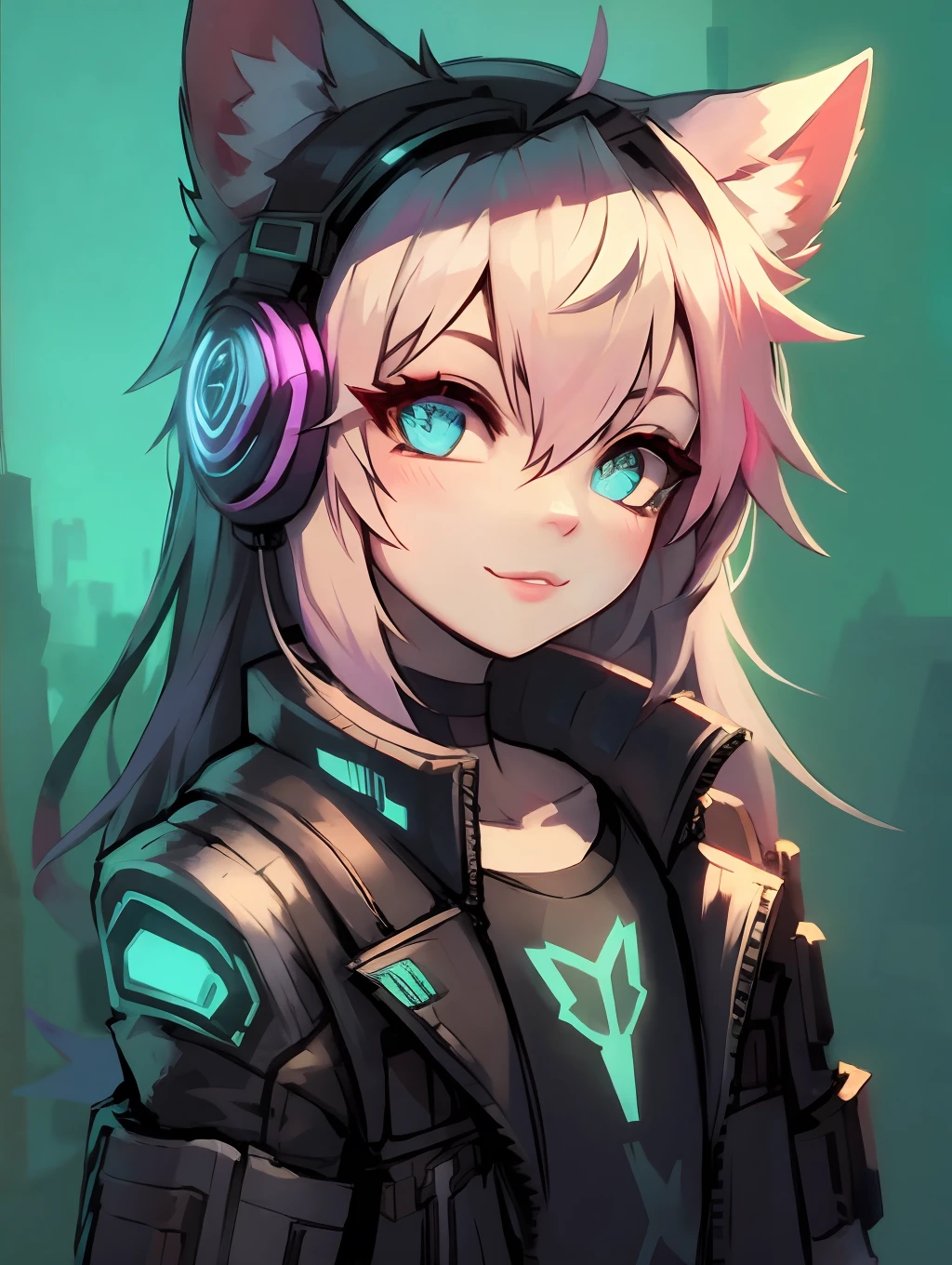 Cyberpunk girl with pink long hair，Q version，（toddlers，Baby）， adolable， cyberpunked， Cat Ear Headphones、Master masterpieces， hight resolution，8K，detailedbackground，hightquality，（（（独奏））），Brighten the background、brilliance、looking at viewert，Iridescent colors，Light steppe、Cyberpunk costumes、Cute Cyberpunk Girl