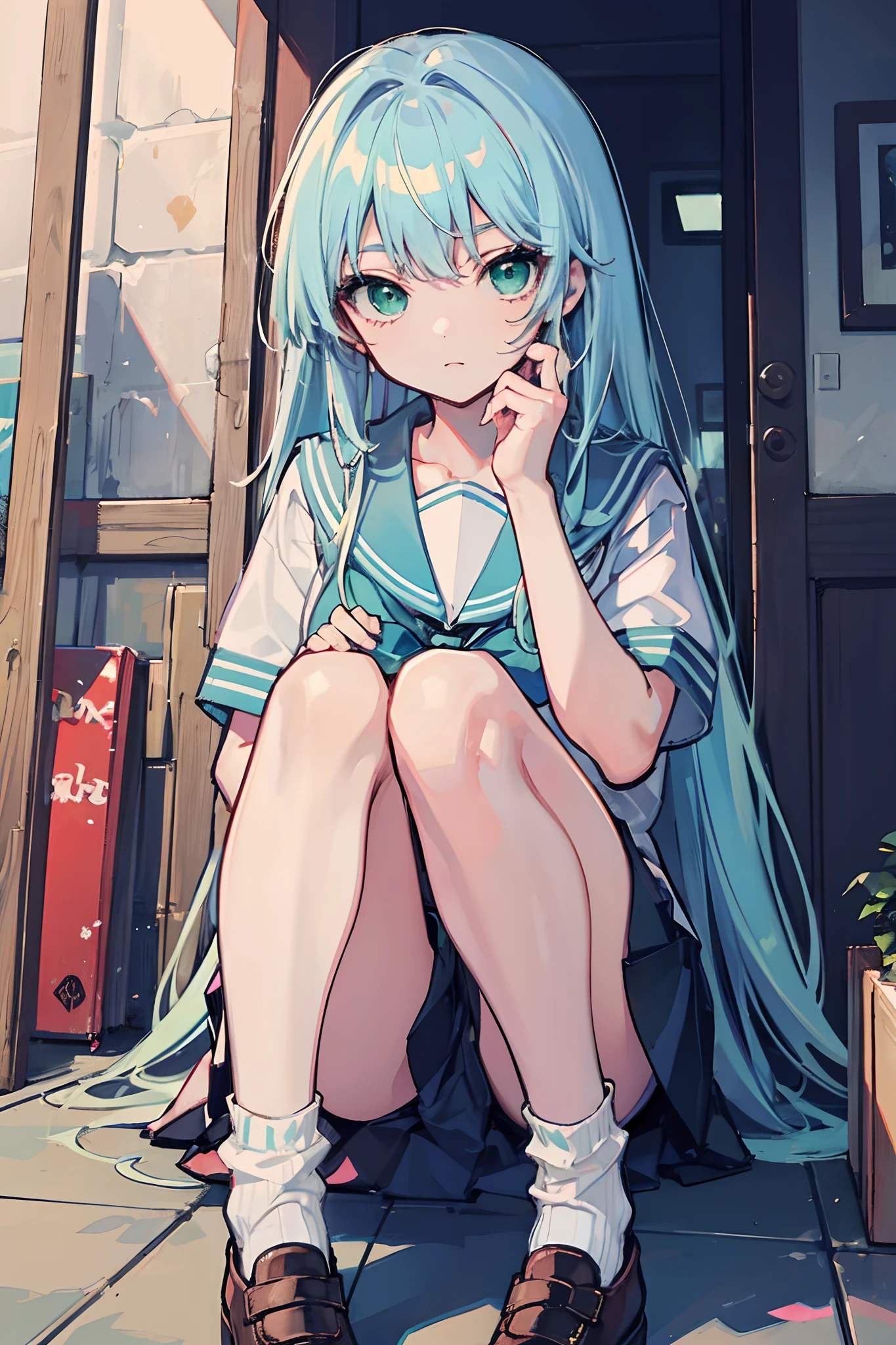 masterpiece, best quality, bishoujo, long hair, light blue hair, green eyes, seifuku, socks,