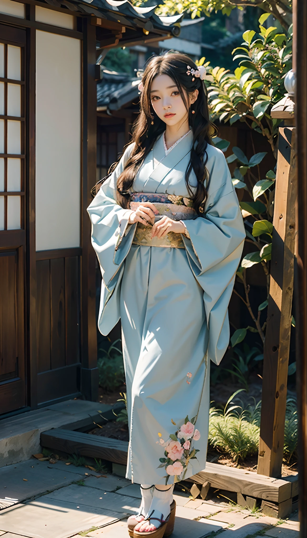 meticulous portrayal of face,1 noblewoman,(Hairpins),(Camellia kimono),(Long flowing colored hair),Simple and elegant Japanese clothing,Collar,(black sock+,clogs), s the perfect face, perfect hand, Perfect Finger, Perfect lips, perfect eyes,Extremely normal body,Ancient Japanese town background,Perfect background