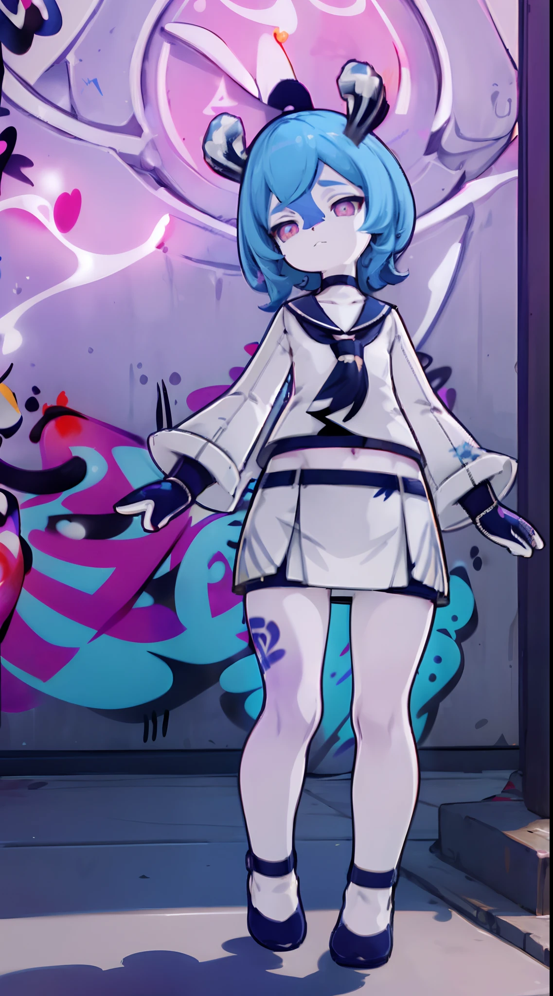 Melousine | genshin impact, master-piece, bestquality, 1girls,25 years old, proportional body, elongated legs, proportional.,sailor suit, short skirt, mediuml breasts, ,bara, crop top, choker, (Graffiti:1.5), Splash with purple lightning pattern., arm behind back, against wall, View viewers from the front., Thigh strap, Head tilt, bored, 10, 10, HD,