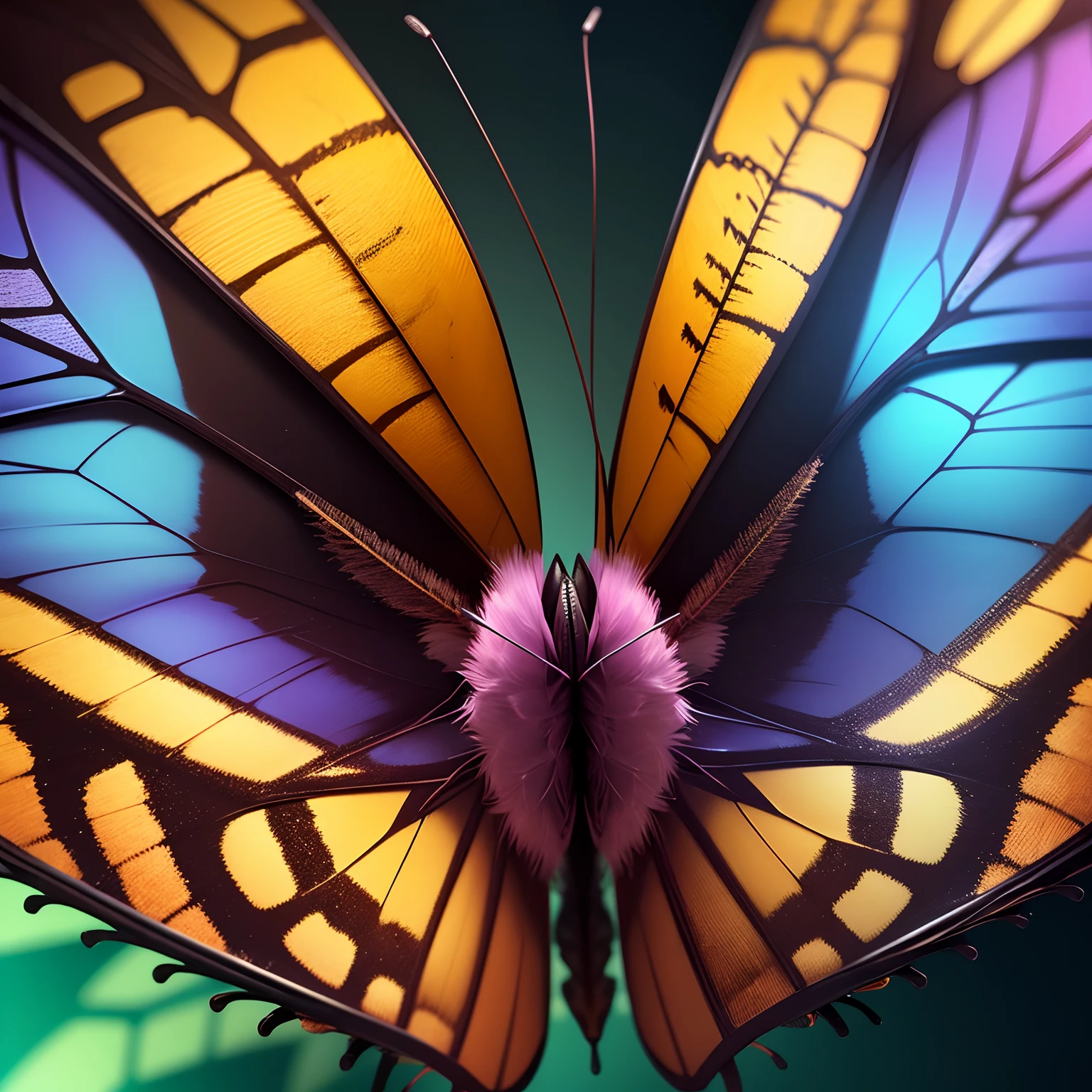 Create an image of a butterfly in realistic and highly detailed style, using a resolution of 1080x1920 pixels and sharp focus. Use attention-grabbing colors, Mixing psychedelic tones with scientific aspects. The lighting should be adequate to highlight the details. Utilize lentes de alta qualidade como a Canon EF 100mm f/2.8L Macro IS USM para captura detalhada. O formato deve ser otimizado para uso no status do WhatsApp. Do not include text.