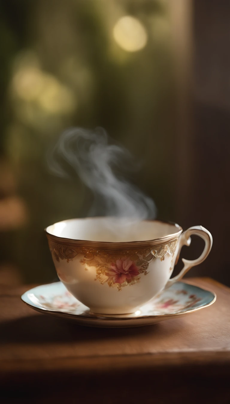 (realistic,photorealistic:1.37),highres,masterpiece:1.2,ultra-detailed,beautifully painted,soft lighting,subtle shadows,illustration of a tea cup,steam swirling around,relaxation,balance,vibrant colors,detailed porcelain texture,delicate brush strokes,tranquil atmosphere,harmonious composition,simple and elegant background