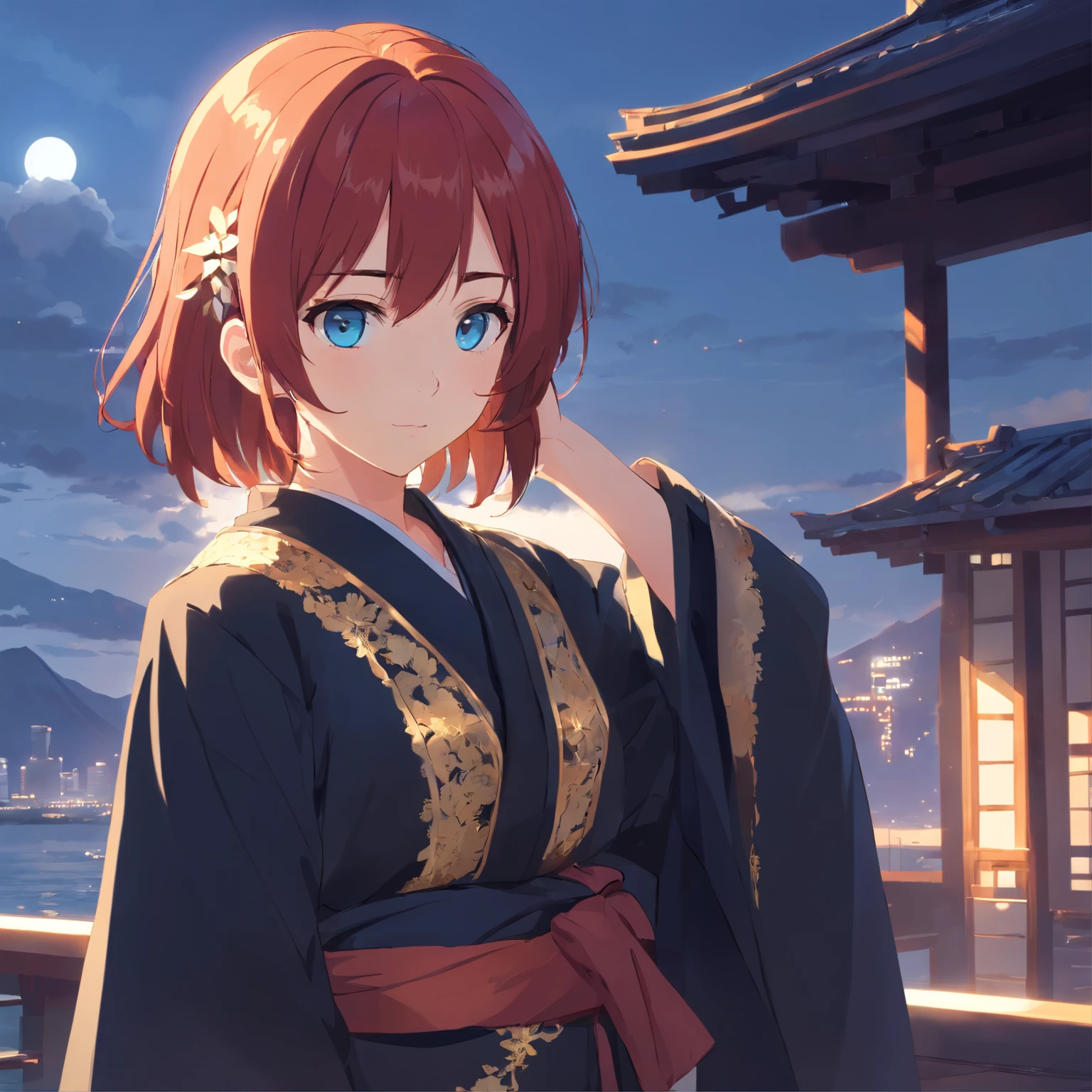 tmasterpiece,Best quality,schoolgirls,Redhead, blue eyes,Affectionate and gentle,Review,The wide black robe is inlaid with gold lace