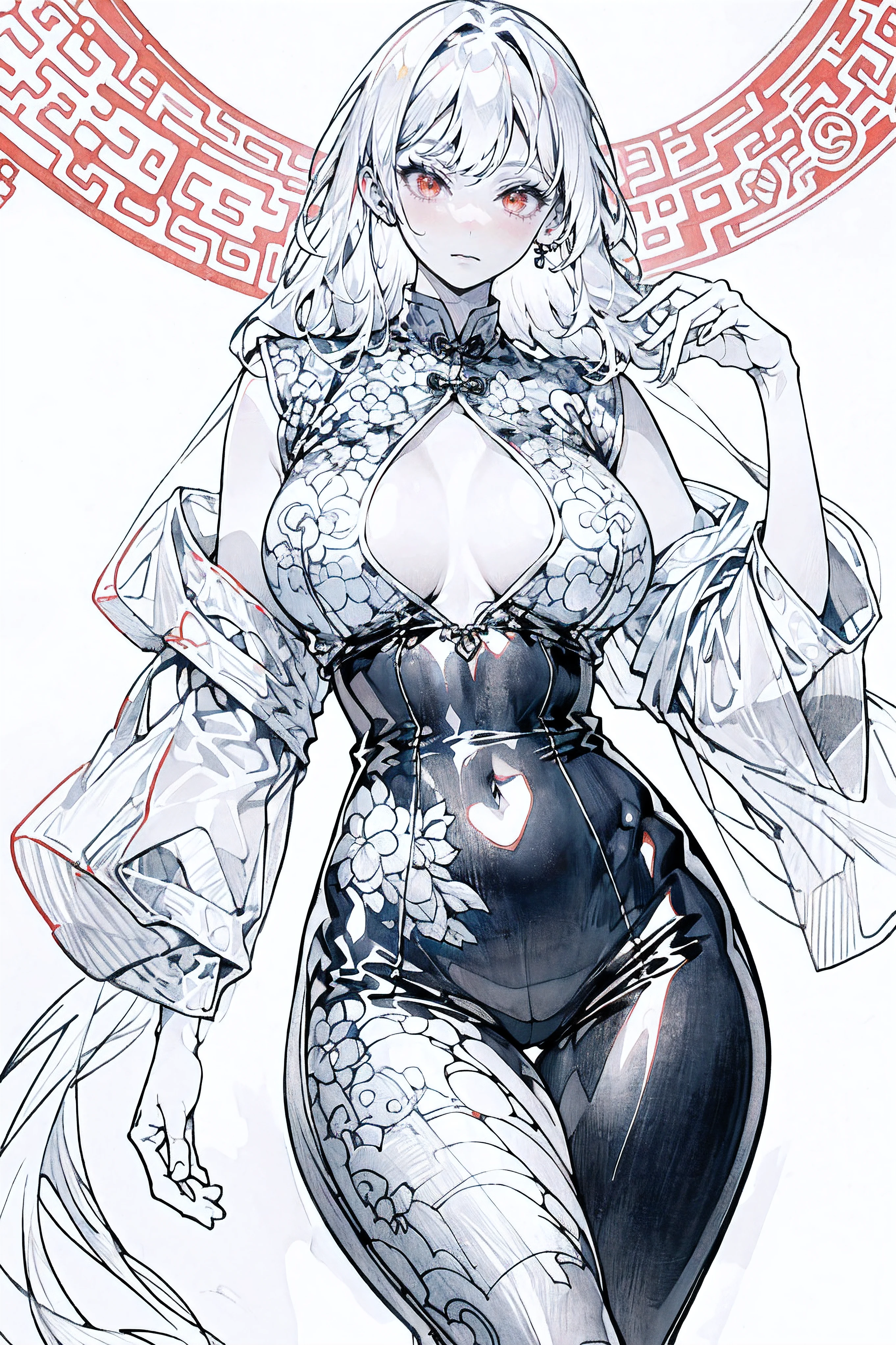 1girl,Line Art,sketch,Pencil drawing,traditional media,((perfect female figure)), white hair, red eyes, mature female, milf, narrow waist, chinese deity, looking at viewer, seductive posture, sexy pose, alluring, clean, beautiful face, pure face, pale skin, absurdly long hair, (huge breasts, nsfw, breasts out, puffy ), shiny skin, skindentation,delicate pattern, intricate detail, (rich:1.4), (extremely detailed 8K chinese long embroidery silkrobe and silk long clothes and dress:1.2),slim body