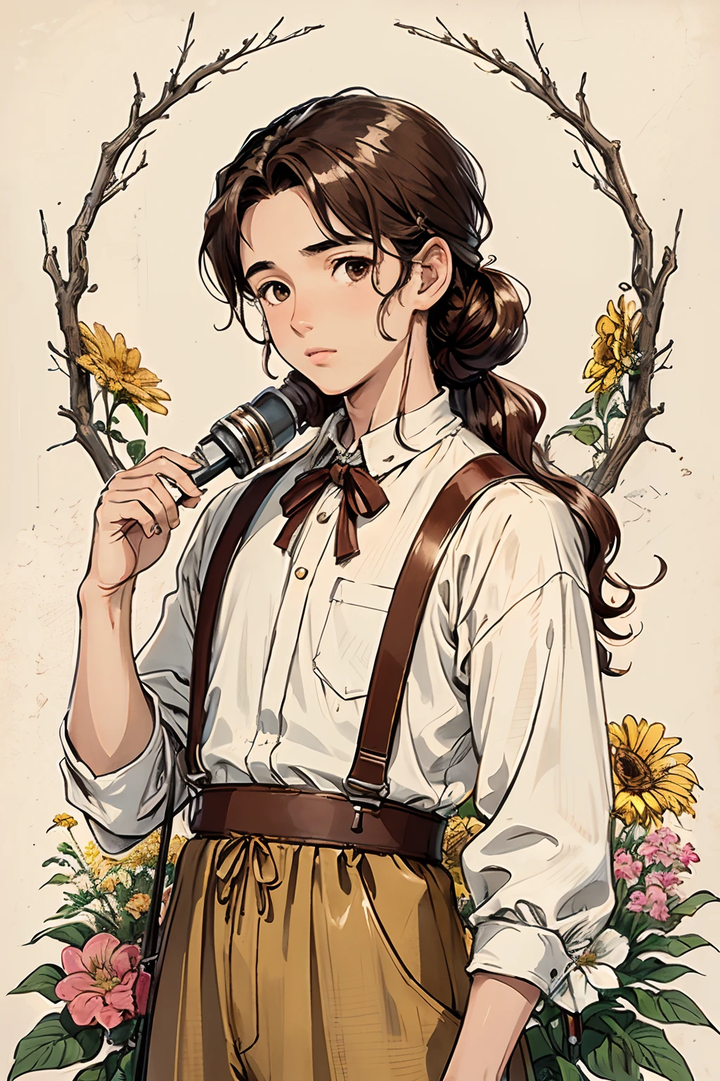 (masterpiece:1.2, best quality), (dinamic lighting) 1boy, ,, solo, long curly hair tied back, light tan skin (shiny skin:1.2), upper body, vintage attire, wavy brown hair,Suspenders,flower on ear, harajuku style, nature background, writer, traveler