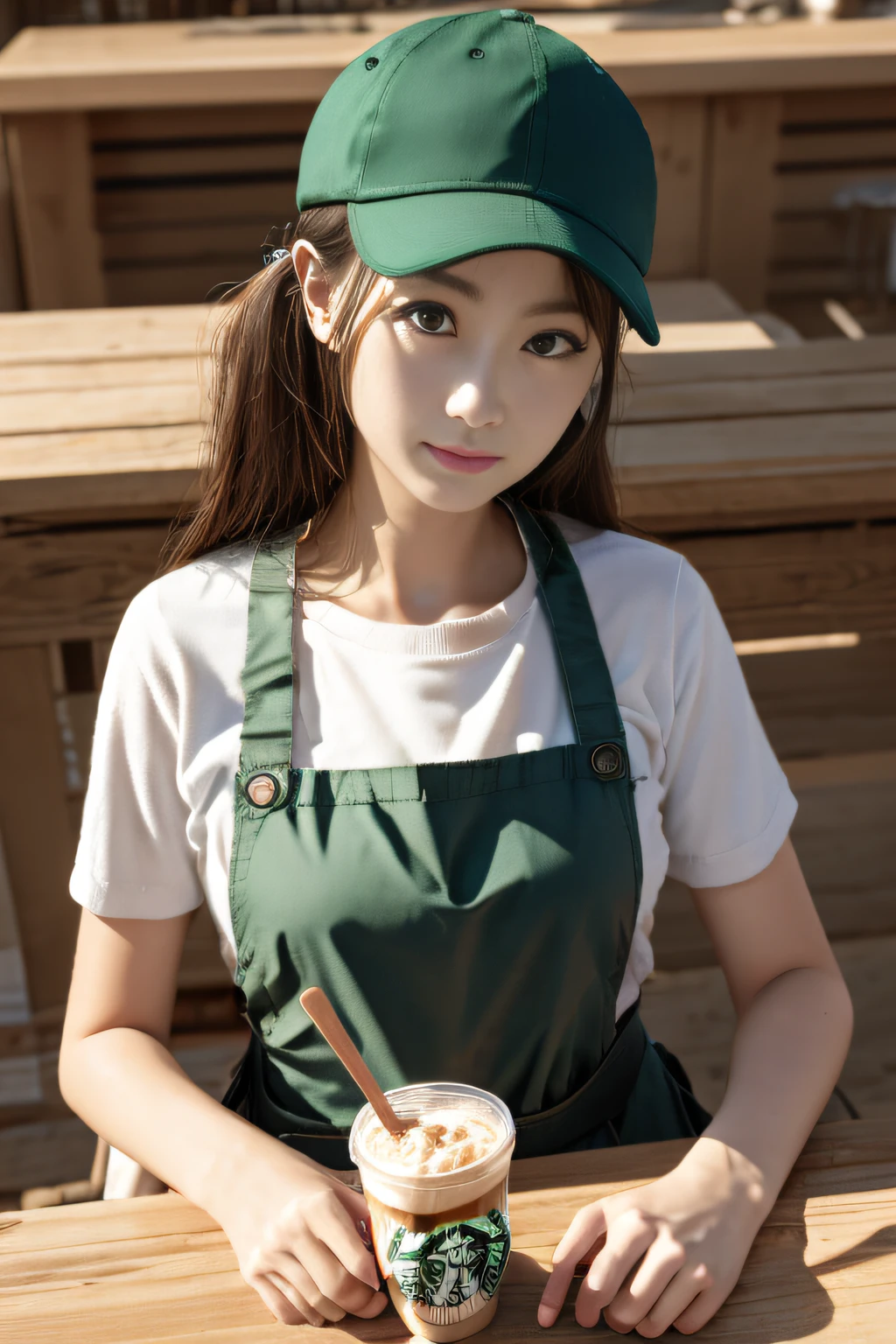 A girl wearing only a green apron，He wears a black baseball cap on his head，Work on a Starbucks workbench， rim-light，The upper part of the body， 鎖骨， the face， idoly， depth of fields， tilt， Reflective，Photorealistic, 超高分辨率, high high quality，Soft light，Best quality at best，tmasterpiece，8K，Hyper Real，