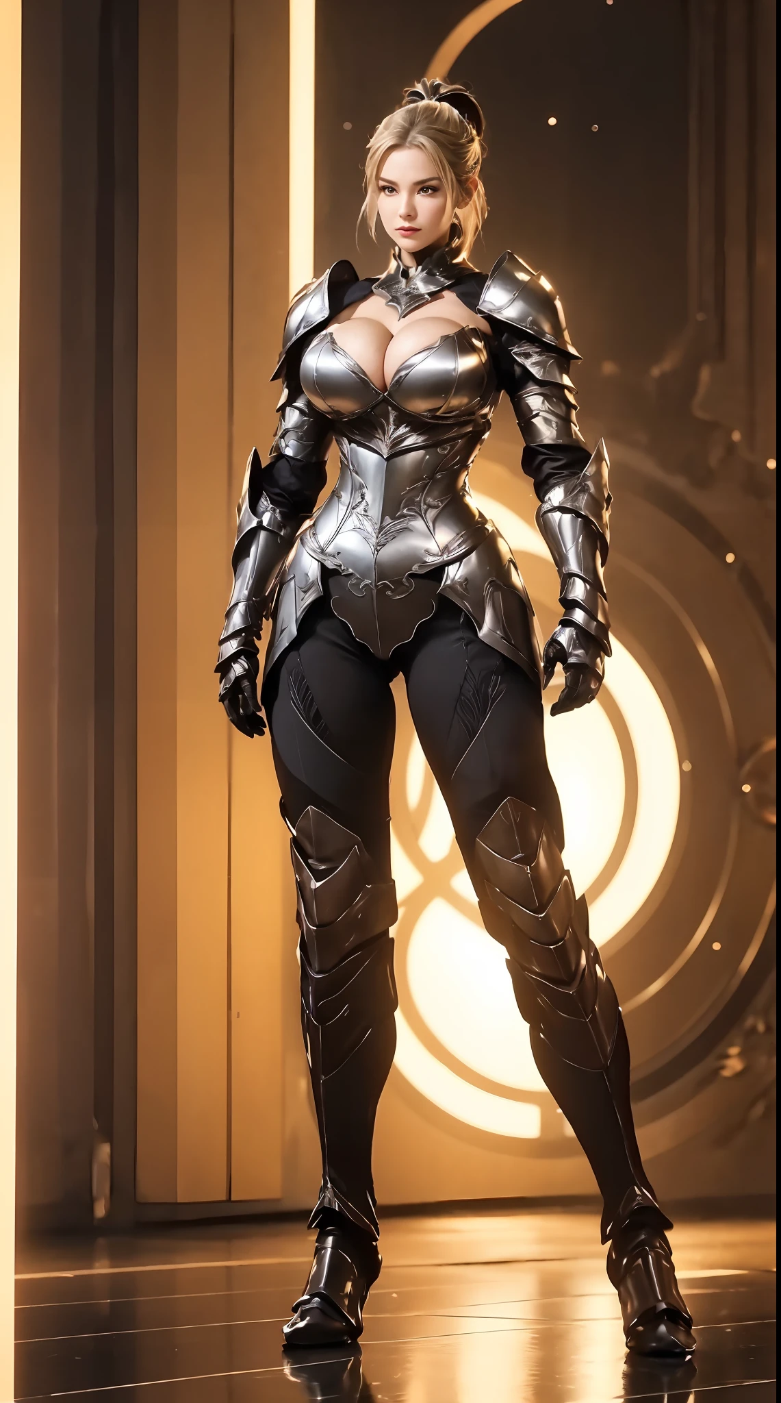 A MATURE WOMAN, 1GIRL, PONYTAIL, HUGE FAKE BOOBS, (BEAUTIFUL FACE), KNIGHT ARMOR BODY, GLOVE, BREASTSPLATE, (CLEAVAGE), (SKINTIGHT YOGA PANTS), (KNIGHT BOOTS), (PERFECT BODY:1.2), (FULL BODY:1.3), FRONT, (STANDING), MUSCLE ABS, UHD, 8K, 1080P.