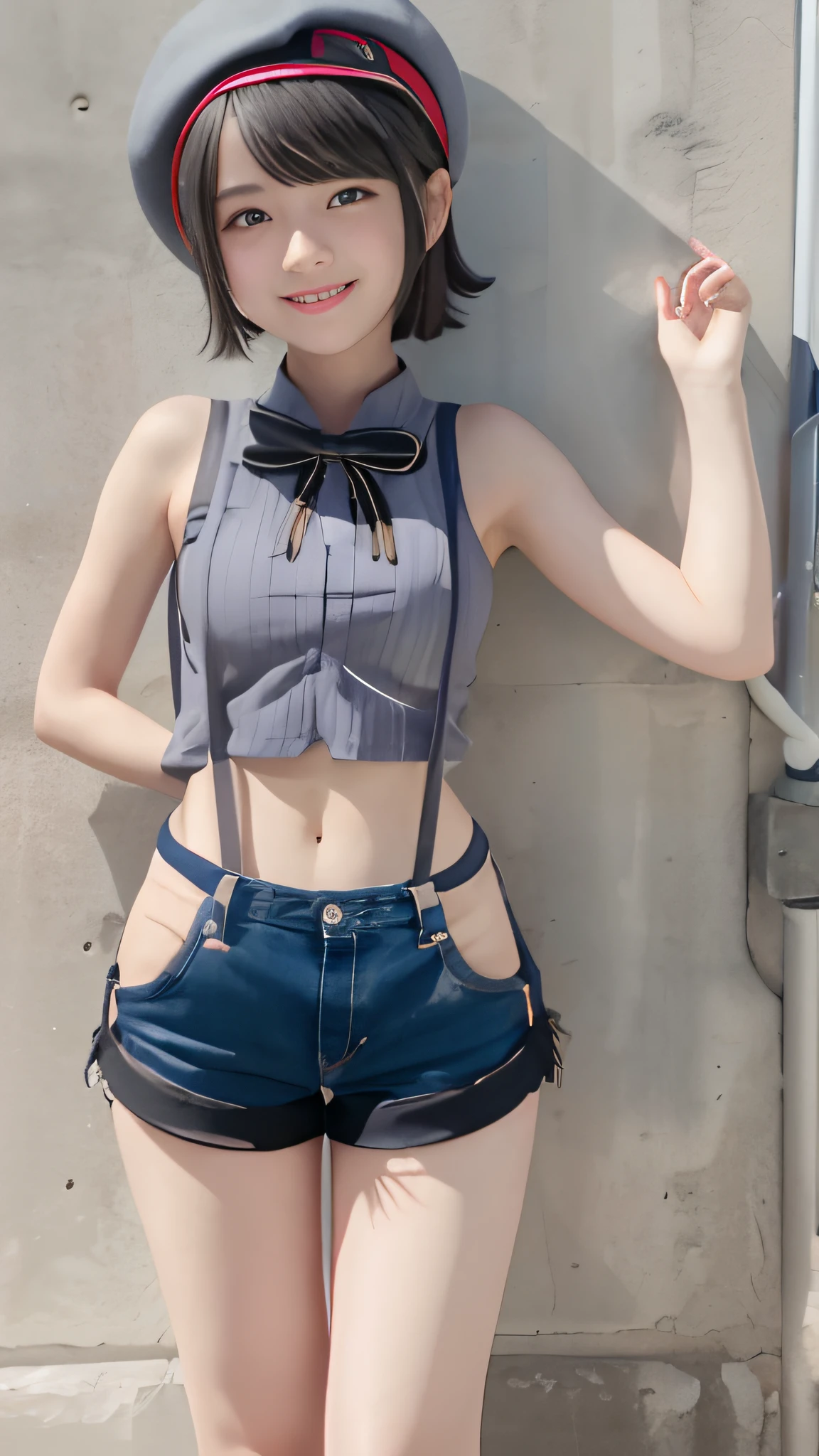 a 18yo girl, standing in front of wall, blush and smile, looking at viewer, smooth fair skin, navel, centered view, subaru_suspenders, french braid, grey shirt, bare arms, black bowtie, blue shorts, grey headwear