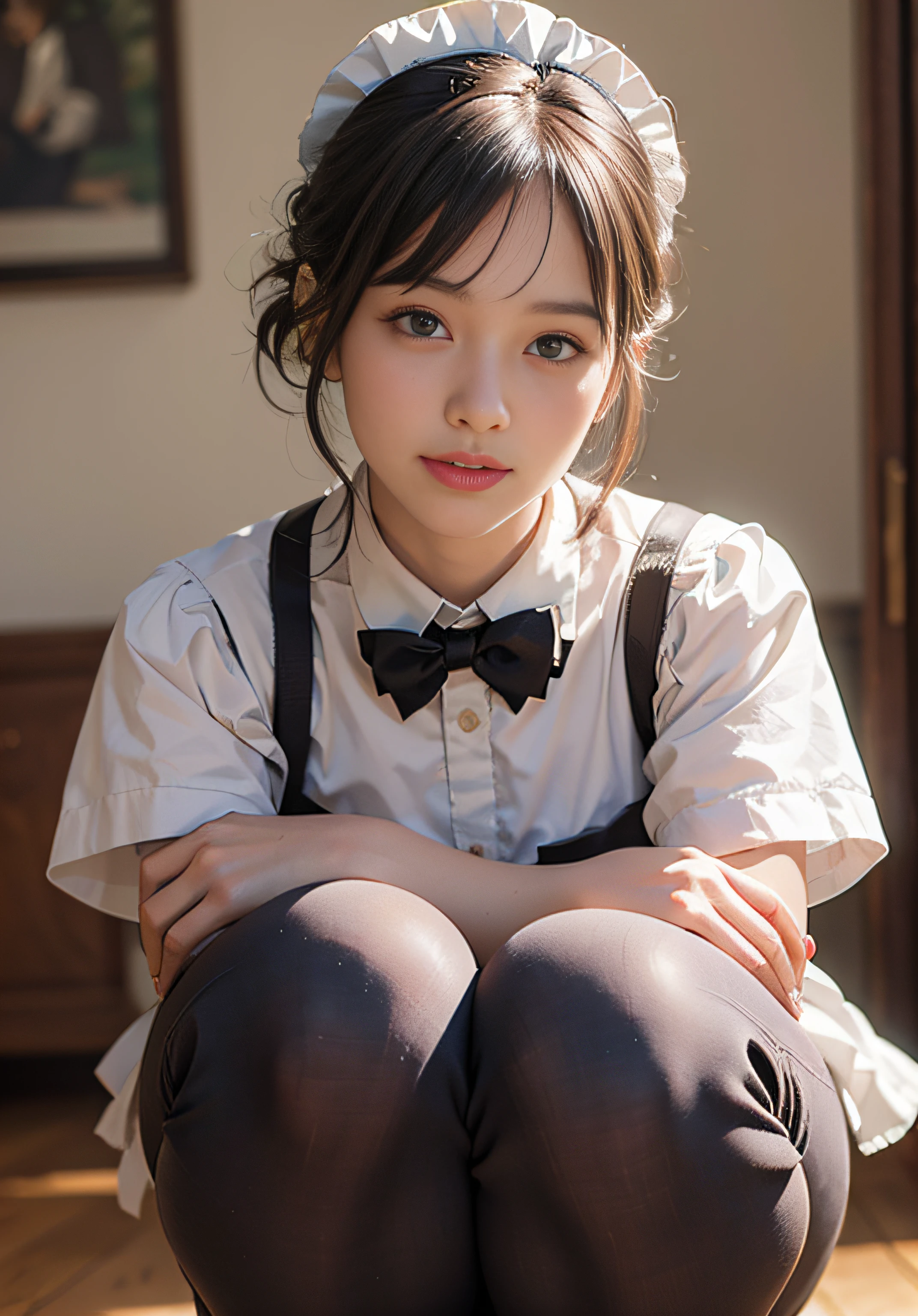 (8K, Raw photo, Best Quality, masutepiece:1.2), high-definition RAW color photography, professional photograpy,  (Realistic, photographrealistic:1.37), ((Best Quality)), 20 year old woman, Cinematic Light, (finerly detailed face:1.2), (masutepiece:1.5), (Best Quality:1.2), (Mole:0.5), (Smiling:0.9), (Looking at Viewer:1.2), hugging own legs, Squatting, Wrinkled white panties, bowtie, (Detailed Maid:1.2)