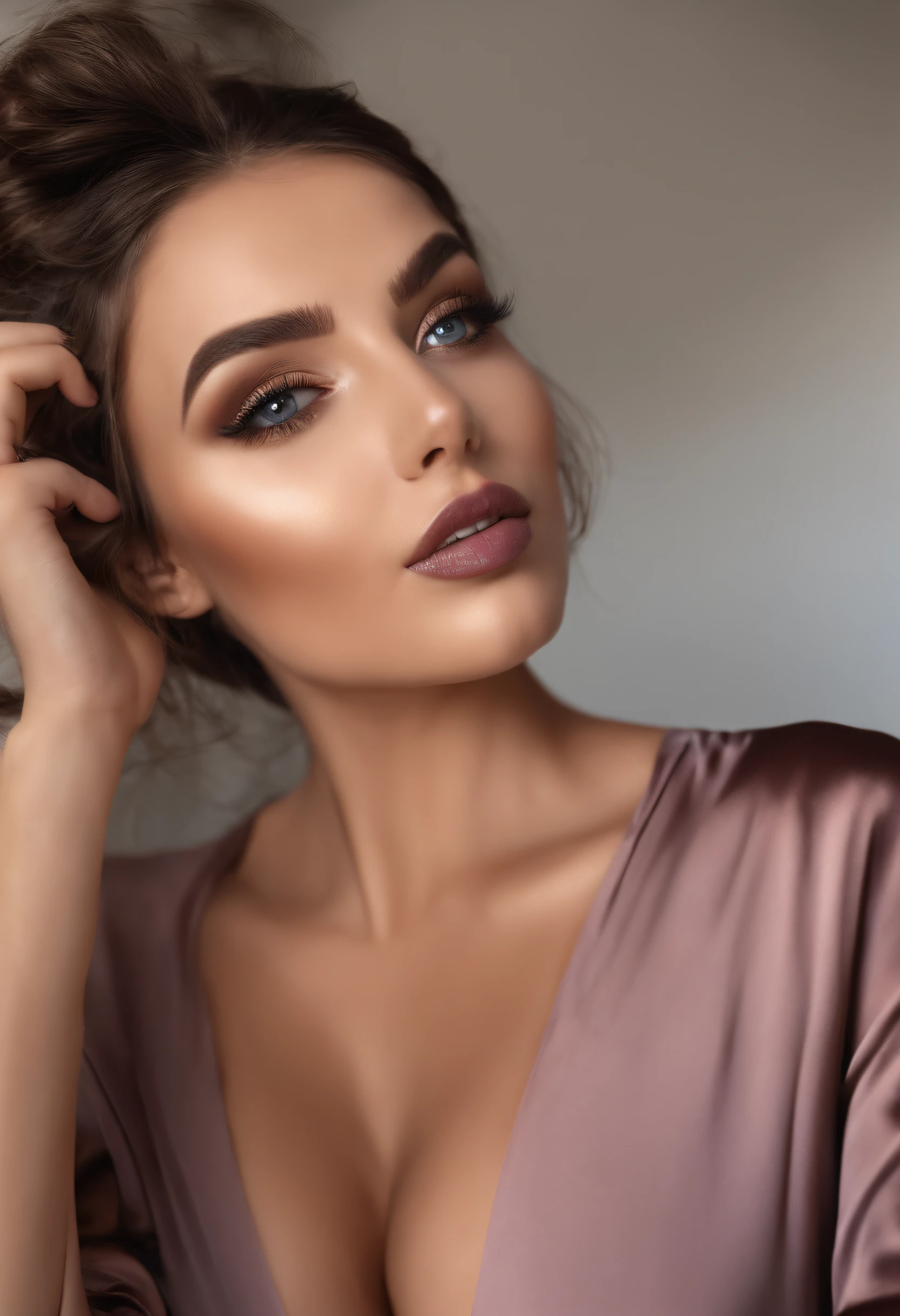 arafed frau mit schwarzen kleidern, Sexy girl with brown eyes, portrait sophie mudd, brown hair and big eyes, Selfie einer jungen Frau, Augen im Schlafzimmer, Violet Myers, ohne Make-up, Natural makeup, Blick direkt in die Kamera, Gesicht mit Artgram, dezentes Make-up, Stunning full body shot, im Schlafzimmer, Spaltung