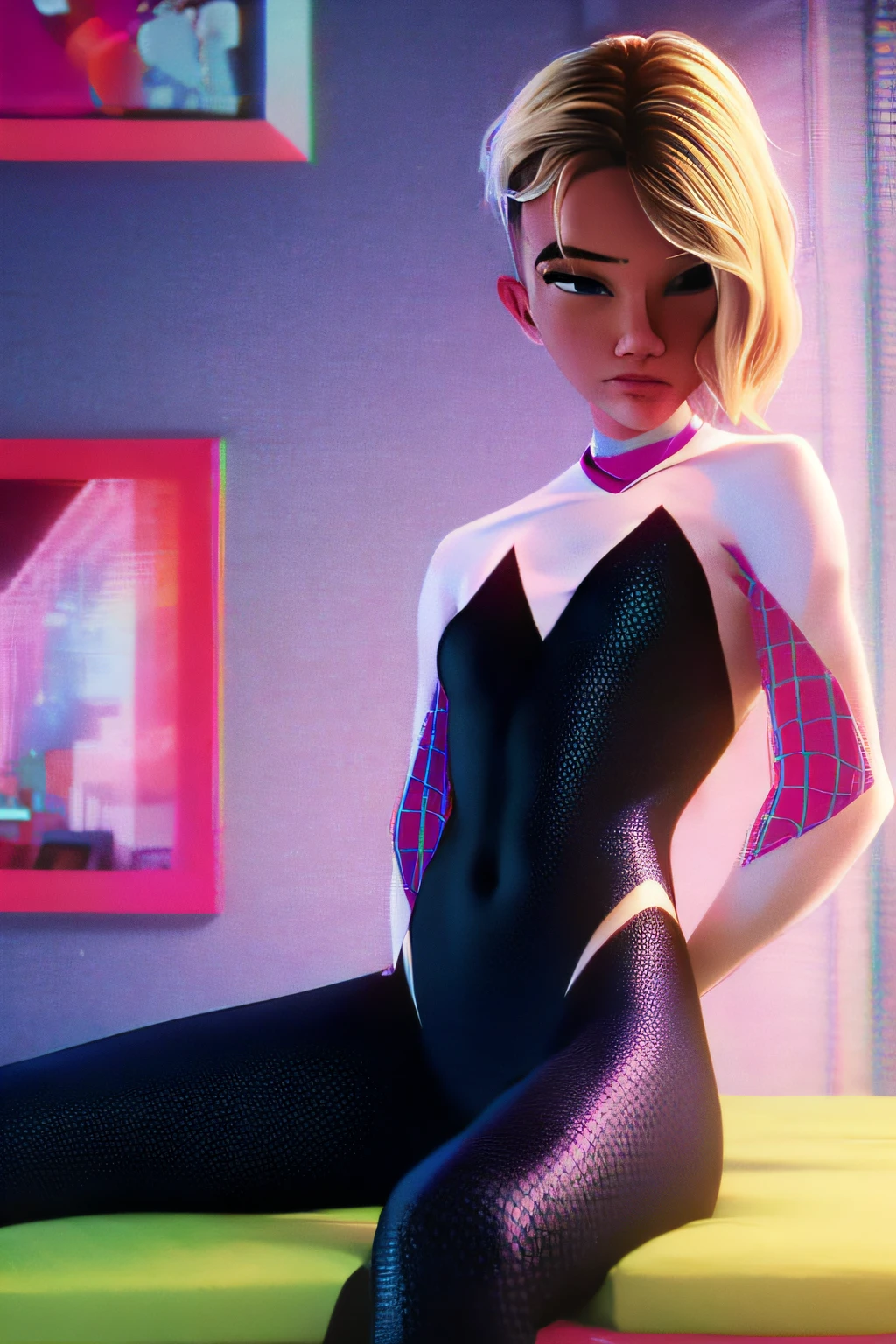 1 girl, spidergwen, posing, photoshoot, magazine cover, graphic design, magazines in background, bedroom background