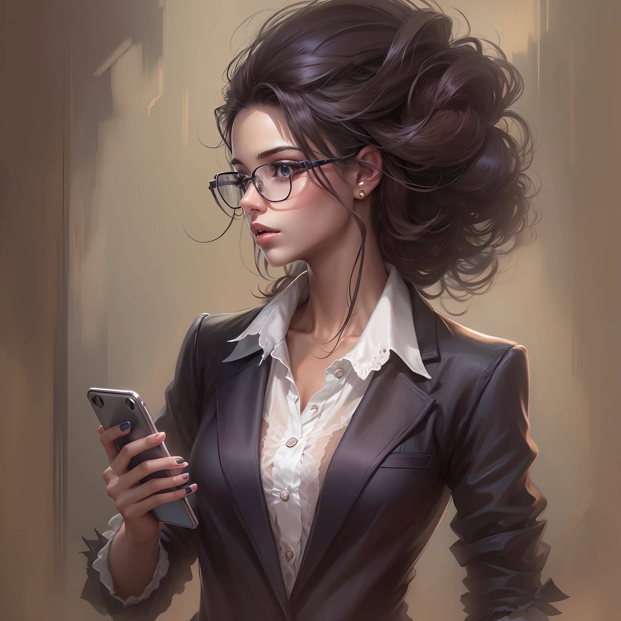 Mulher bonita com o cabelo liso inteligente, Well dressed with her cell phone in her hand