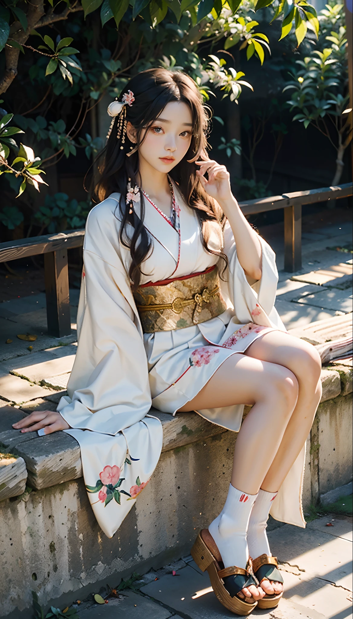 meticulous portrayal of face，1 noblewoman，(Hairpins)，(Camellia kimono)，(Long flowing colored hair)，Simple and elegant Japanese clothing，Collar，(black sock+，clogs)， s the perfect face， perfect hand， Perfect Finger， Perfect lips， perfect  eyes，Extremely normal body，Ancient Japanese town background，Perfect background