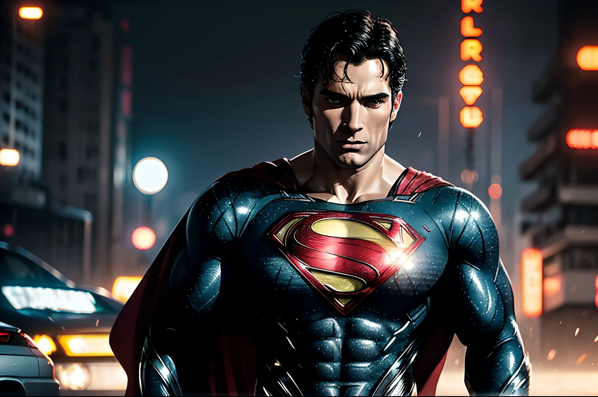 action shots of M1lly4c0k2222 ((wearing a sexier revealing black and silver version of the evil superman suit man of steel)), large breasts, toned body, (explosions in the background a city in ruins), Style-BladeRunner2049-8v Intricate, High Detail, Sharp focus, dramatic, ((photorealistic))
