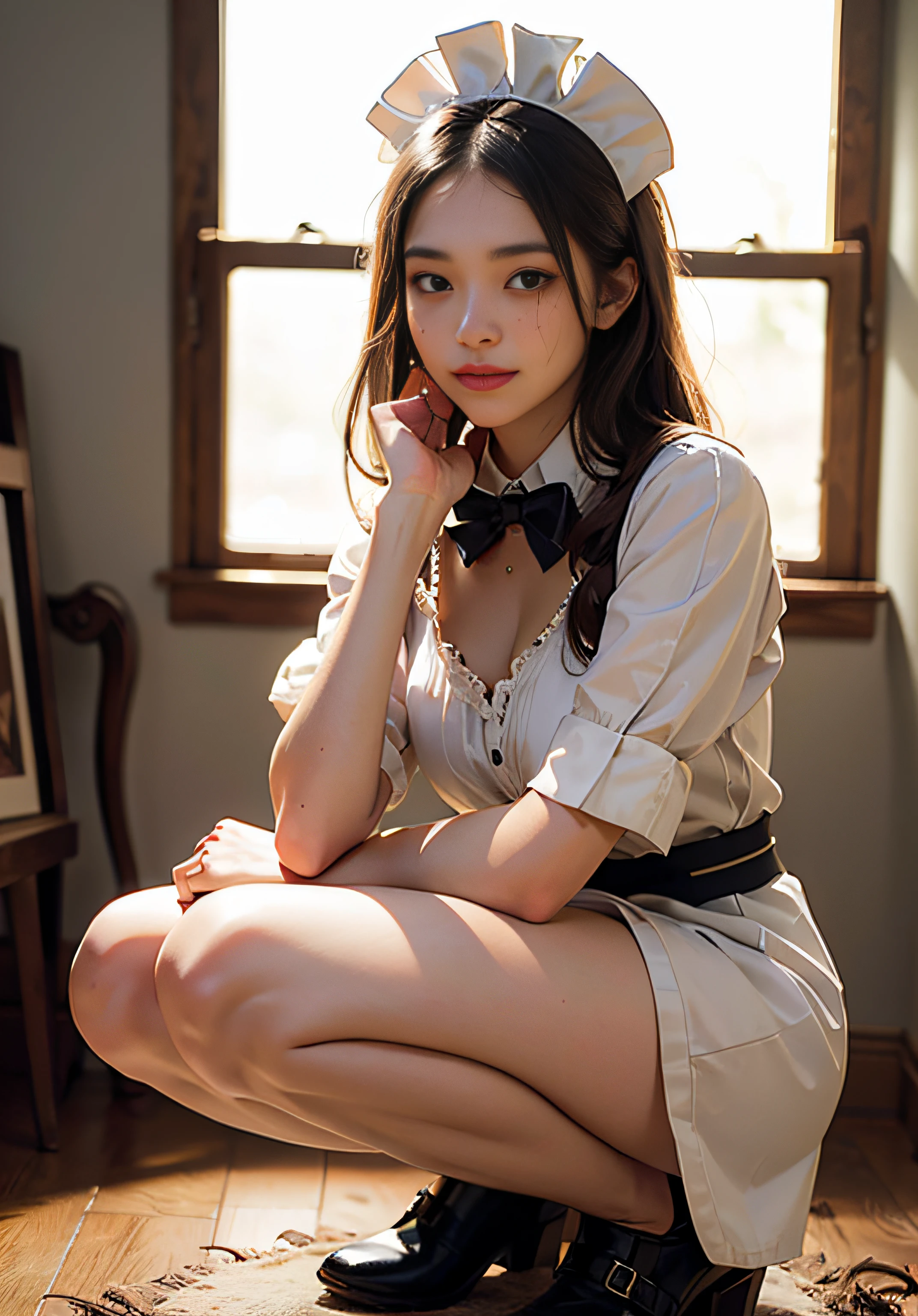 (8K, Raw photo, Best Quality, masutepiece:1.2), high-definition RAW color photography, professional photograpy,  (Realistic, photographrealistic:1.37), ((Best Quality)), 20 year old woman, Cinematic Light, (finerly detailed face:1.2), (masutepiece:1.5), (Best Quality:1.2), (Mole:0.5), (Smiling:0.9), (Looking at Viewer:1.2), hugging own legs, Squatting, Wrinkled white panties, bowtie, (Detailed Maid:1.2),Wide open chest