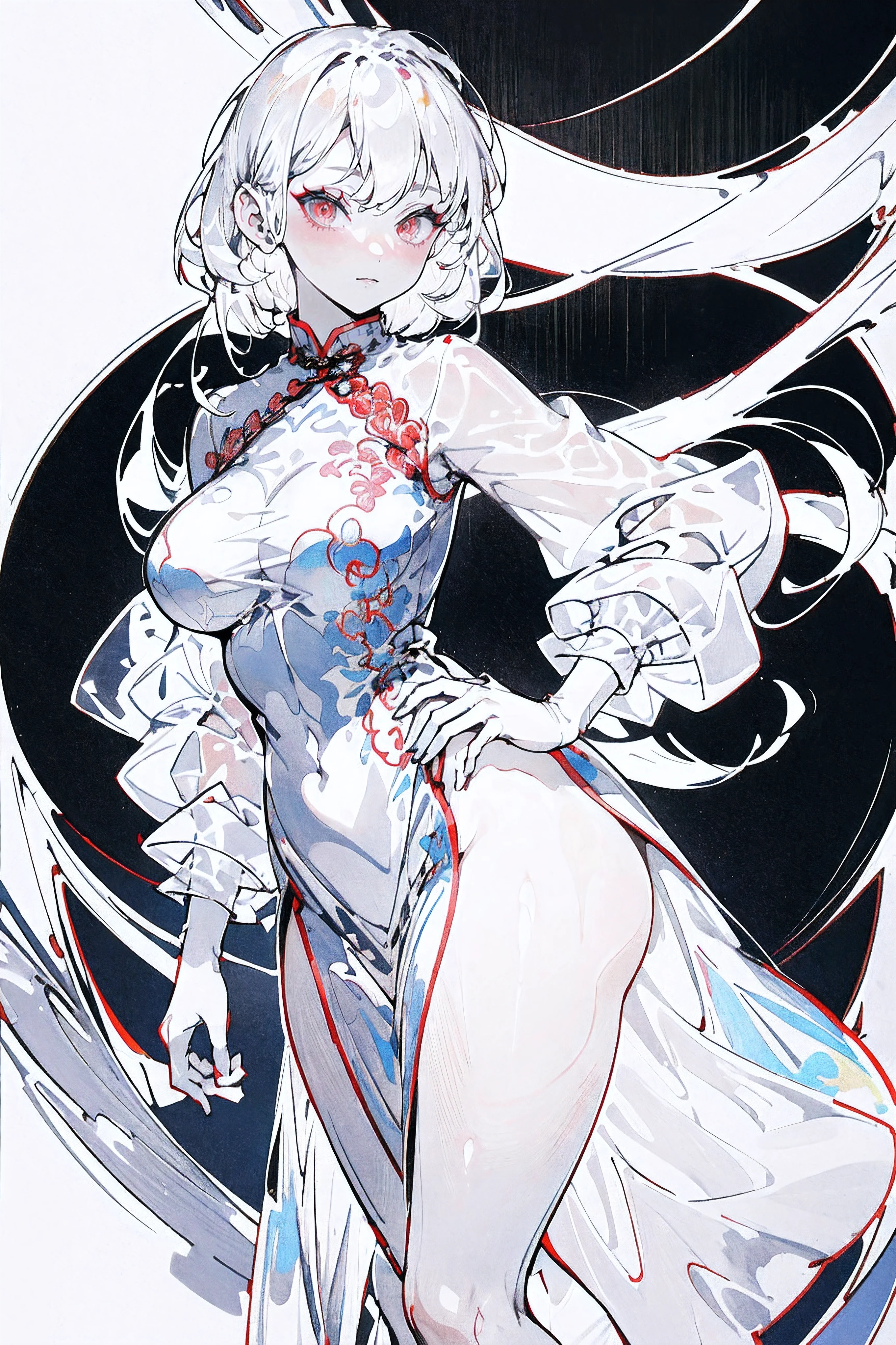 1girl,Line Art,sketch,Pencil drawing,traditional media,((perfect female figure)), white hair, red eyes, mature female, milf, narrow waist, chinese deity, looking at viewer, seductive posture, sexy pose, alluring, clean, beautiful face, pure face, pale skin, absurdly long hair, (huge breasts, nsfw, breasts out, puffy ), shiny skin, skindentation,delicate pattern, intricate detail, (rich:1.4), (extremely detailed 8K chinese long embroidery silkrobe and silk long clothes and dress:1.2),slim body