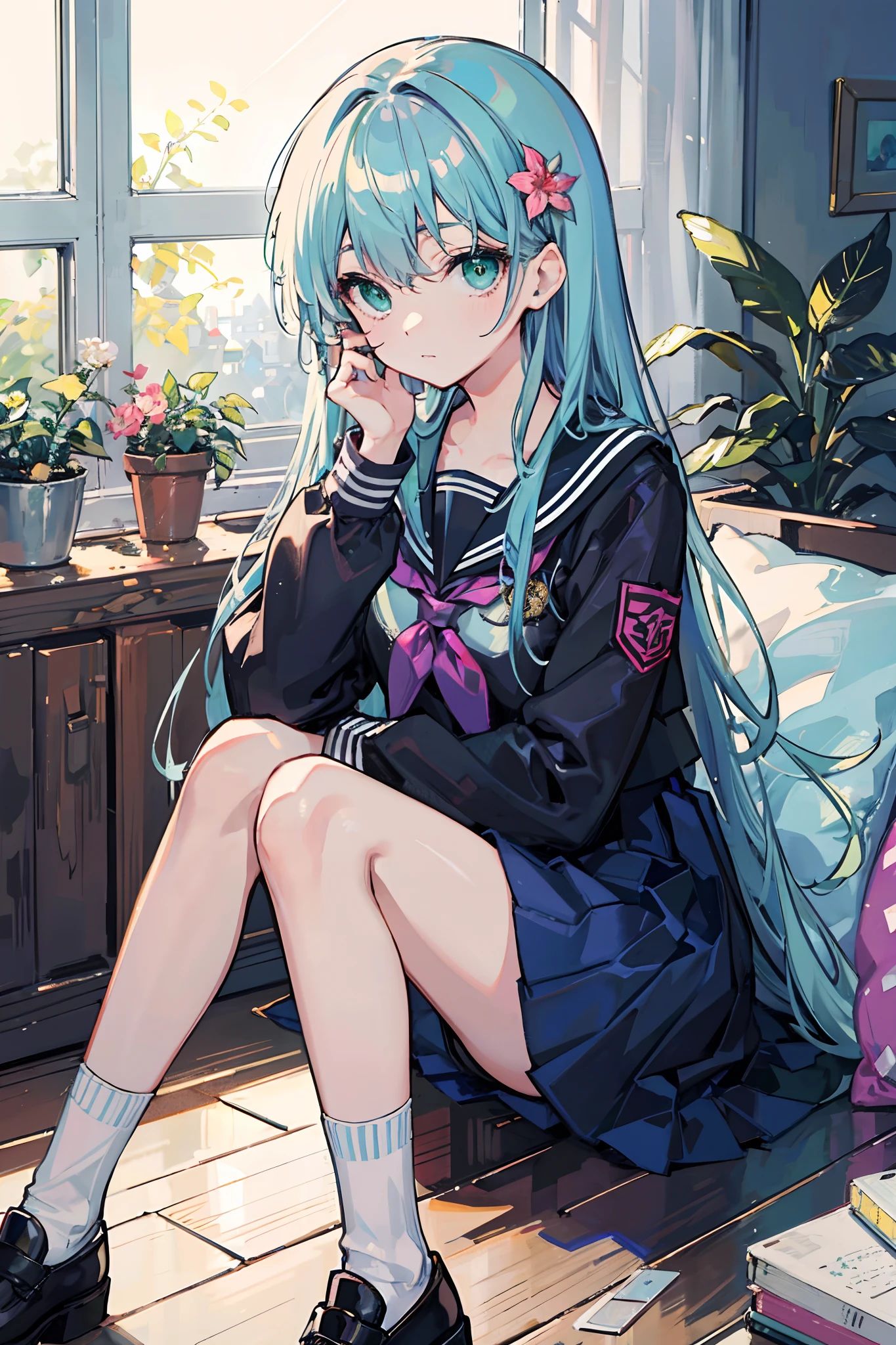 Masterpiece, Best quality, a beauty girl, Long hair, Light blue hair, Green eyes, seifuku, Socks, hair flower,