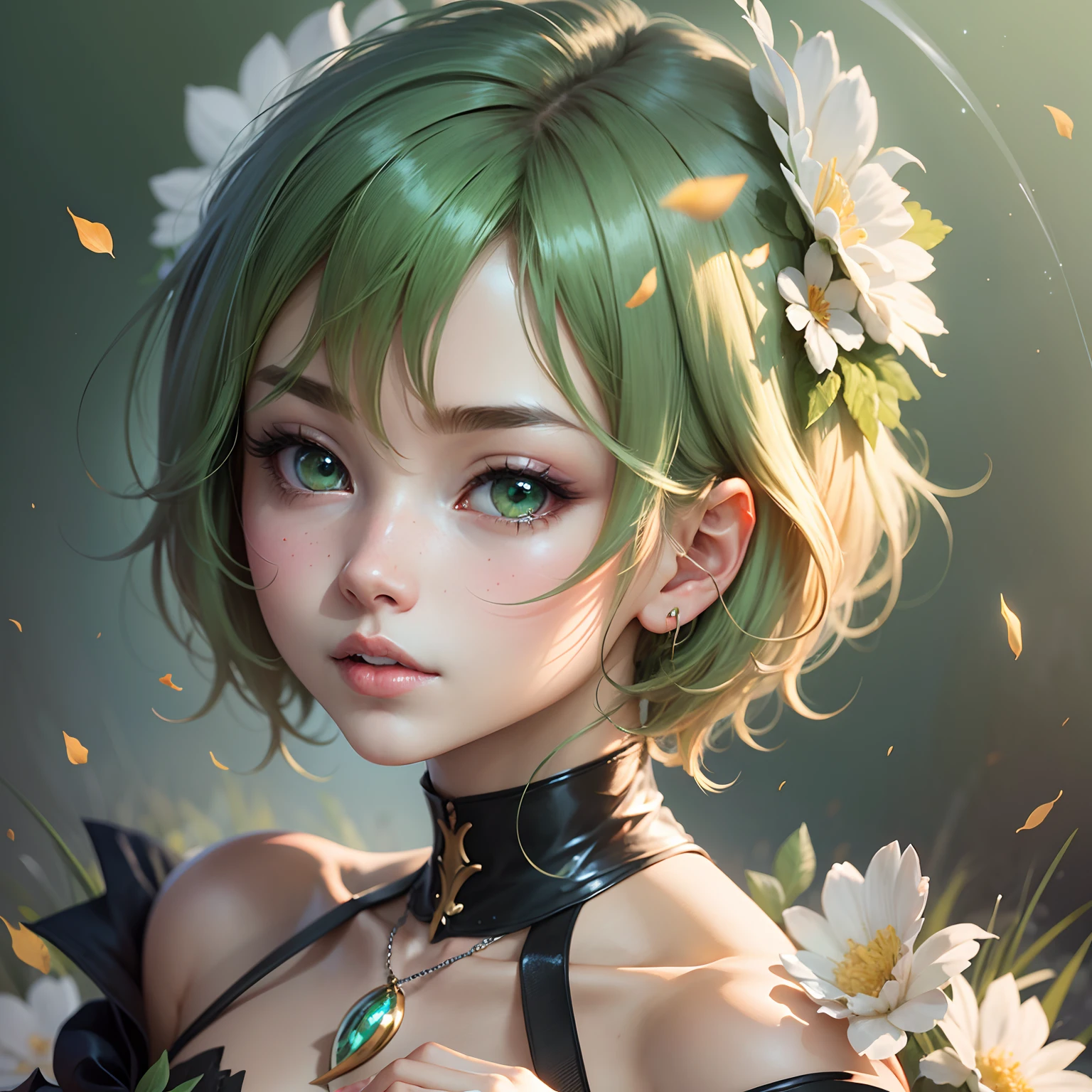 Unbeatable masterpiece, Ultra photo realsisim, Perfect artwork, Intricate details, Best quality, Strong light , High contrast, Dynamic pose, Dutch angle , Depth of field , (Masterpiece)Best quality , intricately details , 1girll , Short hair , (Black hair and green hair) , Rainbow color hair colorful hair,Gradient hair color , (Clear plastic sheath:1.2),Black T-shirt , (simplebackground:1.2) , full bodyesbian , Shiny , Superficial granular nevi under the eyes , hair bobbles , Big foam , (crystal:1.5) , (Colorful eyes) , (((Colorful background))) , Hair ribbon , Light particles , sunflare
