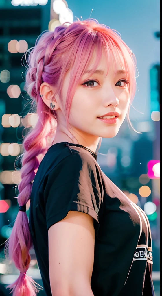 Beautiful woman, Japanese actressl, Look at us and smile, Upper half of the body, incredibly detailed face, cowboy  shot、Incredibly detailed beautiful eyes, ,(Beautiful),(Feminine features), (18year old:1.4), Solo, 1 woman, (Charming punk girl), Blue eyes,faces、(A smile:1.5),(facing front:1.2),(Dark clothes), (Band T-shirt), (Ripped jeans), Focus on Face, Medium hair with pink hair, (Pink hair), Ear Hair, small tits, Single braid, (Single braid), (Side braid) ,masutepiece, High quality, Best Quality, Highly detailed, Insanely detailed, 4K、City background at night