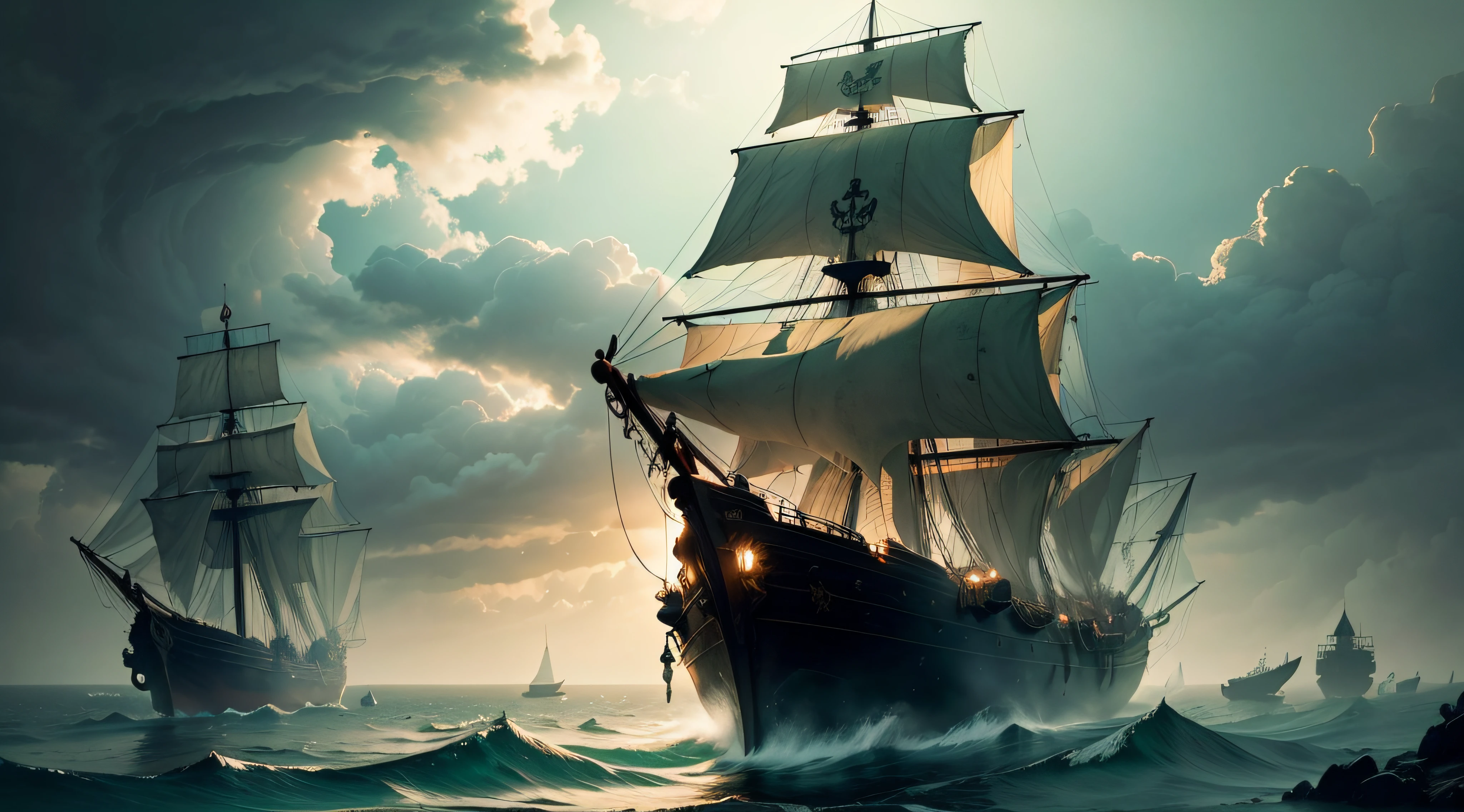 Imagine a pirate ship sailing through a misty, emerald-green sea. Enveloped in a dense fog, the ship's silhouette emerges, adorned with tattered sails and worn-out wood. The cloudy sky above casts an eerie green glow, reflecting off the water's surface