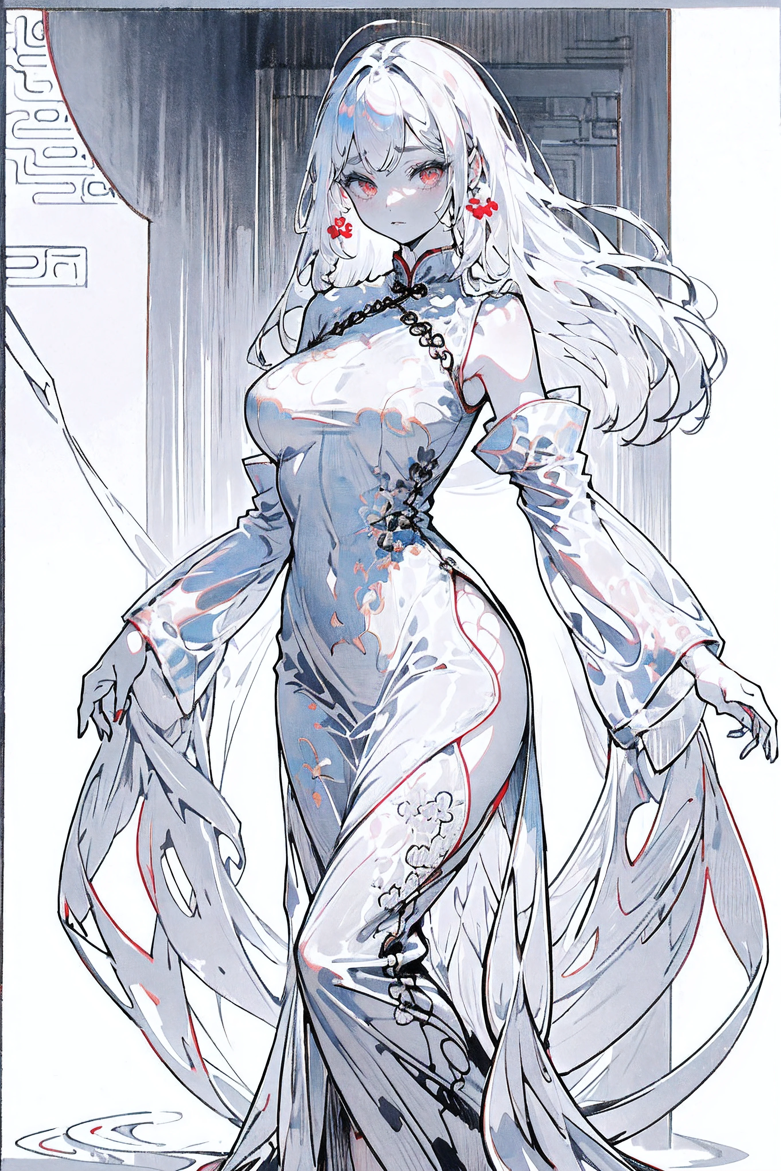 1girl,Line Art,sketch,Pencil drawing,traditional media,((perfect female figure)), white hair, red eyes, mature female, milf, narrow waist, chinese deity, looking at viewer, seductive posture, sexy pose, alluring, clean, beautiful face, pure face, pale skin, absurdly long hair, (huge breasts, nsfw, breasts out, puffy ), shiny skin, skindentation,delicate pattern, intricate detail, (rich:1.4), (extremely detailed 8K chinese long embroidery silkrobe and silk long clothes and dress:1.2),slim body
