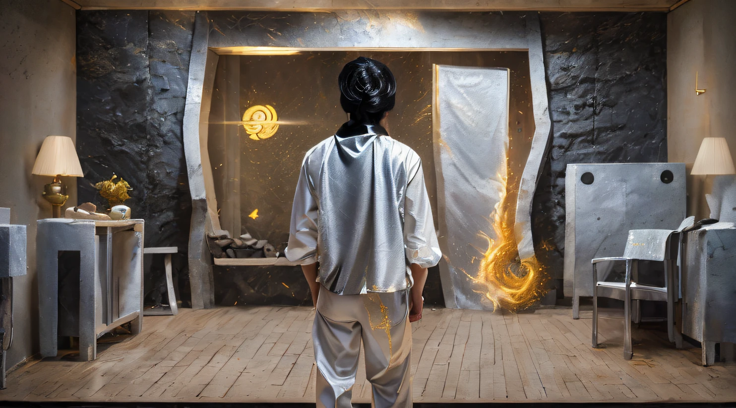 Side 32K,division(tmasterpiece,k hd,hyper HD,32K)Long flowing black hair,Camping area,zydink, a color,废墟(canyons), (Linen batik scarf), Combat posture, looking at the ground, Linen bandana, Chinese python pattern long-sleeved garment, 废墟(Abstract gouache splash:1.2), Dark clouds lightning background,Flour flies(realisticlying:1.4),Black color hair,The dust is blowing,Background fog, A high resolution, the detail, RAW photogr, Sharp Re, Nikon D850 Film Stock Photo by Jefferies Lee 4 Kodak Portra 400 Camera F1.6 shots, Rich colors, ultra-realistic vivid textures, Dramatic lighting, Unreal Engine Art Station Trend, cinestir 800,Flowing black hair,(((Sideman Mage)))Full-body side