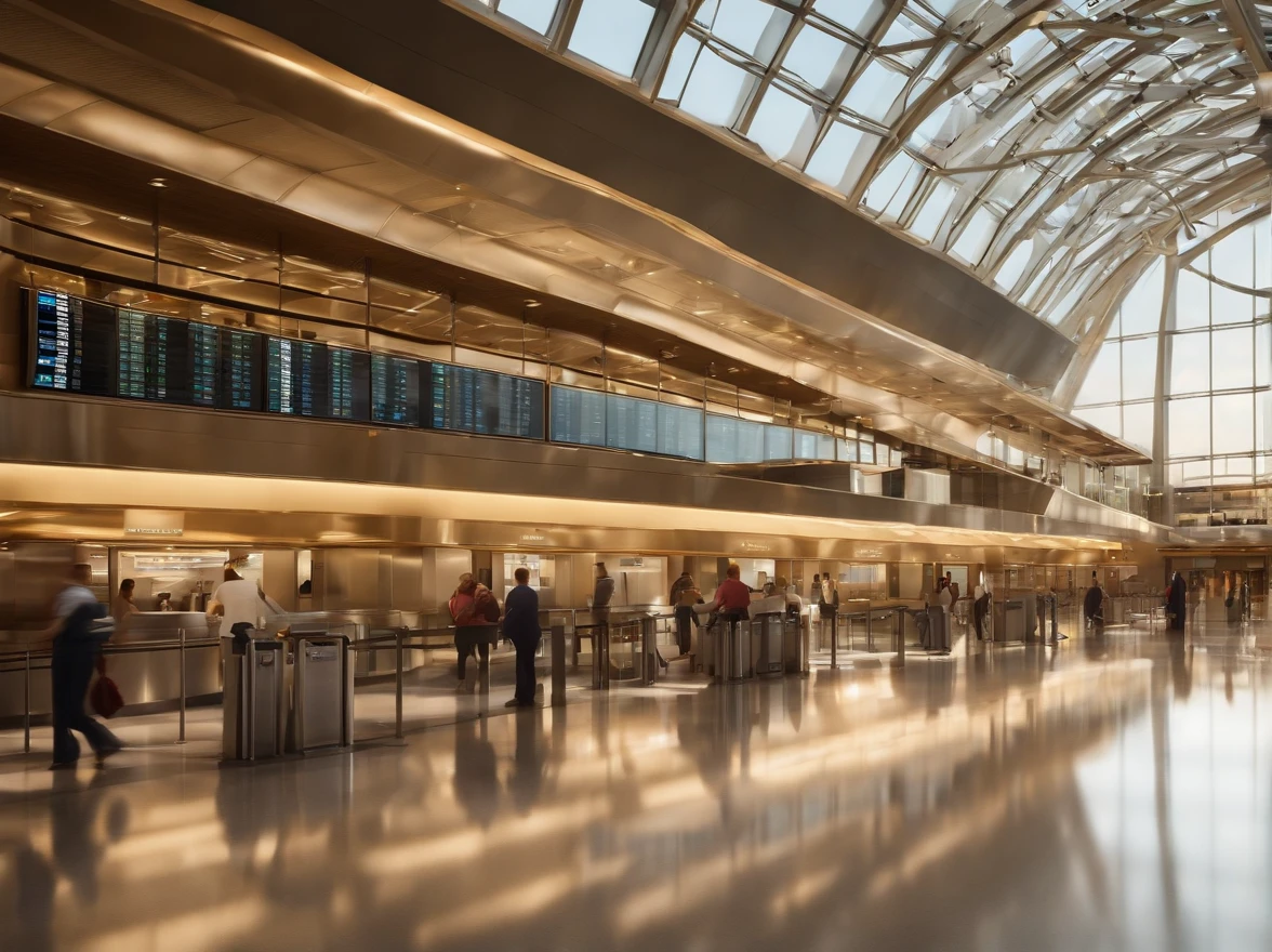 (best quality,8K,masterpiece:1.2),Large panoramic window with a breathtaking view of the planes taking off and landing in the morning at the airport terminal. Sunlight gently filters through the glass, casting a warm and golden glow across the bustling scene. The airport terminal is filled with a sense of anticipation and excitement as travelers prepare for their journeys. Passengers in fashionable attire can be seen with suitcases in hand, eagerly waiting at the check-in counters. Airport staff wearing professional uniforms are diligently assisting passengers and ensuring a smooth travel experience. The architecture of the terminal is sleek and modern, with clean lines and a spacious layout. Colorful digital flight information boards display real-time updates of arrivals and departures. The air inside is filled with a mix of scents, from the aroma of freshly brewed coffee to the subtle fragrance of duty-free perfumes. The atmosphere is vibrant, yet serene, as travelers exchange smiles and laughter, creating a sense of camaraderie. The scene captures the dynamic energy and the anticipation of new adventures that lie ahead. The colors are vivid and the details are ultra-detailed, depicting the airport terminal with stunning clarity. The image portrays a realistic and photorealistic representation of the bustling airport, effortlessly bringing it to life. The lighting is skillfully done, emphasizing the natural sunlight pouring in through the window, while also illuminating the interior spaces with a soft and inviting glow. The overall composition exudes a sense of grandeur and sophistication, immersing the viewer in the world of travel and exploration.