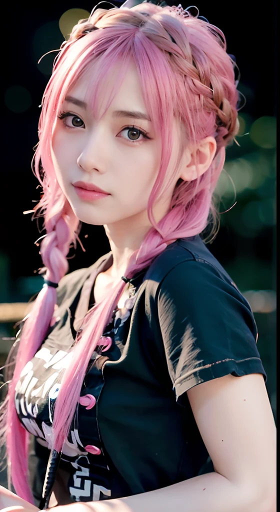Beautiful woman, Japanese actressl, Look at us and smile, Upper half of the body, incredibly detailed face, cowboy shot、Incredibly detailed beautiful eyes, ,(Beautiful),(Feminine features), (18year old:1.4), Solo, 1 woman, (Charming punk girl), Blue eyes,faces、(A smile:1.5),(facing front:1.2),(Dark clothes), (Band T-shirt), (Ripped jeans), Focus on Face, Medium hair with pink hair, (Pink hair), Ear Hair, small tits, Single braid, (Single braid), (Side braid) ,masutepiece, High quality, Best Quality, Highly detailed, Insanely detailed, 4K