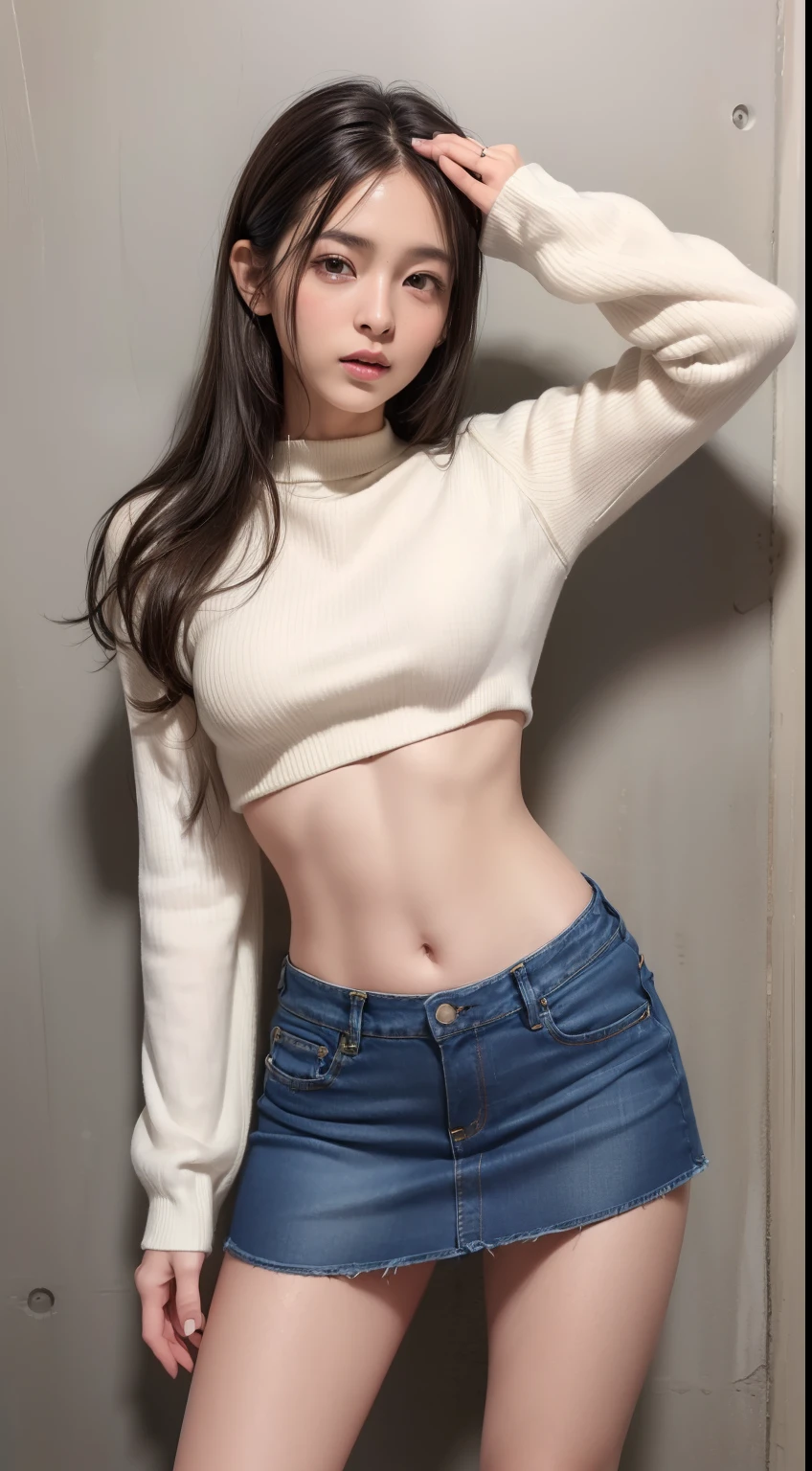 ((masuter piece:1.3)、(8K、Photorealsitic、Raw photography、top-quality: 1.4)、(1girl in)、Beautiful expression、(Lifelike face)、(A dark-haired、long)、 Beautiful hairstyle、realisticeyes、Beautiful details、（real looking skin）、Beautiful skins、absurderes、enticing、超A high resolution、A hyper-realistic、high-detail、the golden ratio、 ((wide open abdomen))、((open abdomen))、((wide open navel))、((open navel))、((Bare belly))、((Mid-Riff Sweater))、((Ultra-low rise、Denim Mini Skirt))、 ((Navel Ejection))、((small hips))、((long limbs))、((Full body depiction))、((small  hip))、(boots)、((Ultra-low rise))、((Denim Mini Skirt))、((is standing))、