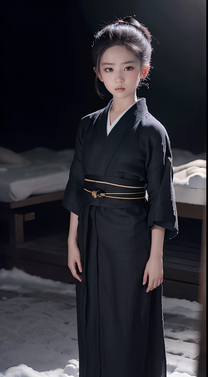 ((Best quality, 8K, Masterpiece :1.3)), Sharp focus:1.2 ， Photorealsitic，(Cinematic lighting)，Facial detail texture. Eye details. Double eyelids, Slender body. Super small breasts, 12-year-old girl, photo-realistic:1.37，Perfect eyes, ((1 Girl in a black yukata))，（white sash），(Ultra-thin fabric)，((Ragged linen))，With a petite figure，brunette color hair，hair-bun，Qi bangs，Stand in the snow，The barefoot，Full body like，Clothing covers the whole body，folds，((solid color backdrop))，is shy，Be red in the face
