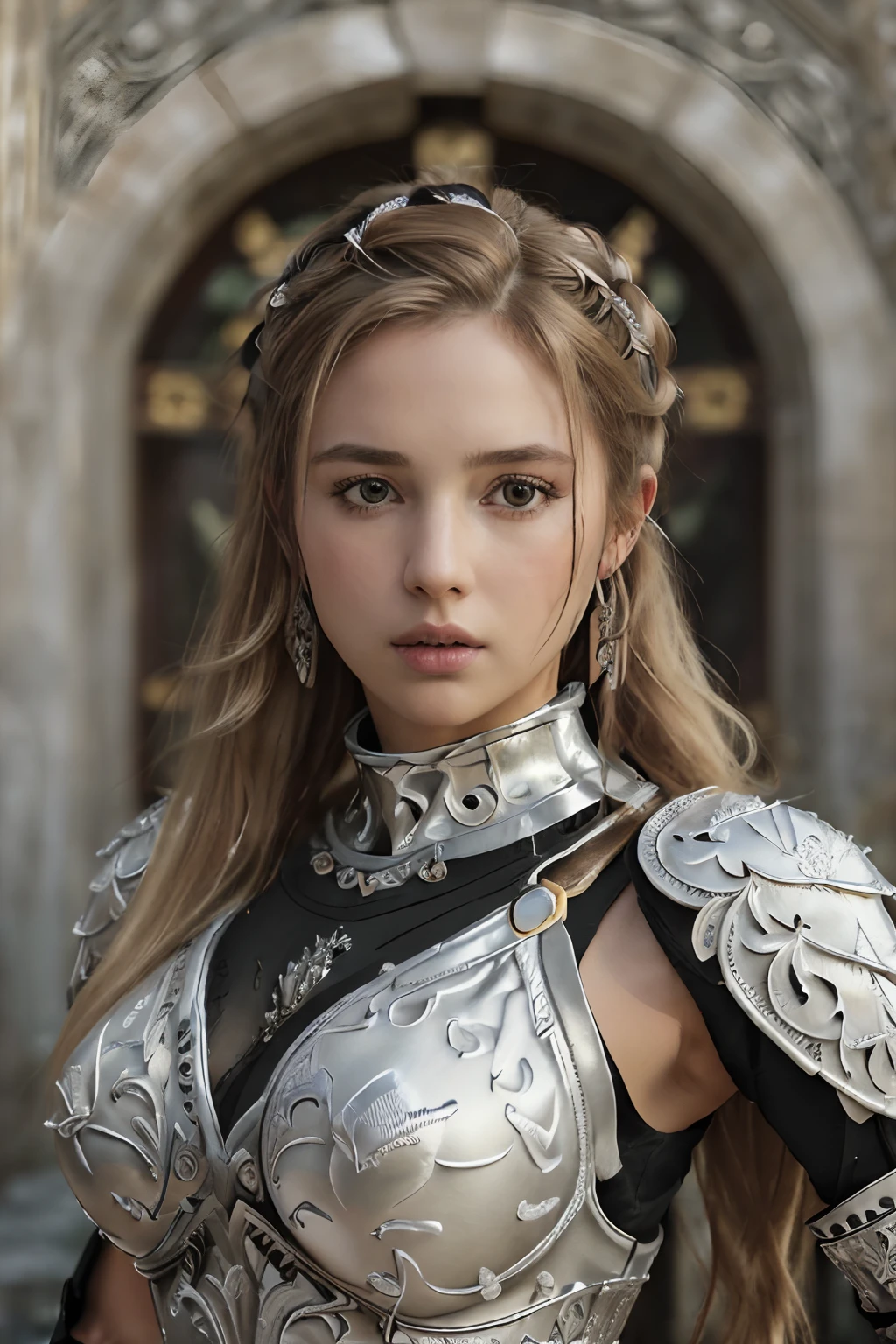 (8K, best quality:1.2), (masterpiece:1.37), (photo, photorealistic:1.37), (ultrahigh-res), full body, full body photo, walking pose, shot from front, slow motion, 25 yo female paladin wearing the full body armour, huge breasts:1.2, (light silver armour:1.2),(ornately decorated armor), (insanely detailed, bloom:1.5), (highest quality, Alessandro Casagrande, Greg Rutkowski, Sally Mann, concept art, 4k), (analog:1.2), (high sharpness), (detailed pupils:1.1), detailed face and eyes, Masterpiece, best quality, (highly detailed photo:1.1), (long blonde Hair, ponytail,ecstatic:1.1), (young woman:1.1), sharp, (perfect body:1.1), realistic, real shadow, 3d, (temple background:1.2), (by Michelangelo), photographed by Canan EOS R6, 135mm, 1/1250s, f/2.8, ISO 400
