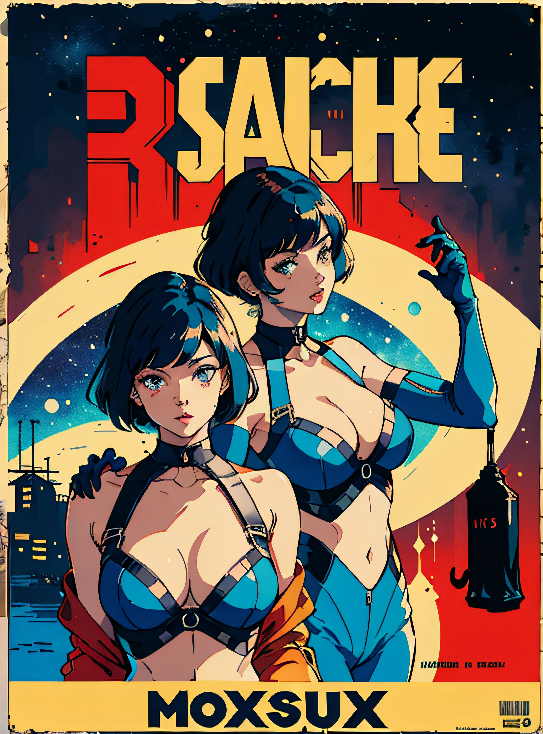 (Best Quality, Masterpiece), A cinematic movie poster for an action film, two women, (Masterpiece, Best Quality), 8k Wallpaper, highly detailed, poster, vintage science fiction, 1960s, sexy female space thriller cinematic movie poster, Bauhaus, shapes, lines, abstract, propaganda, mid century modern, movie poster, vintage,