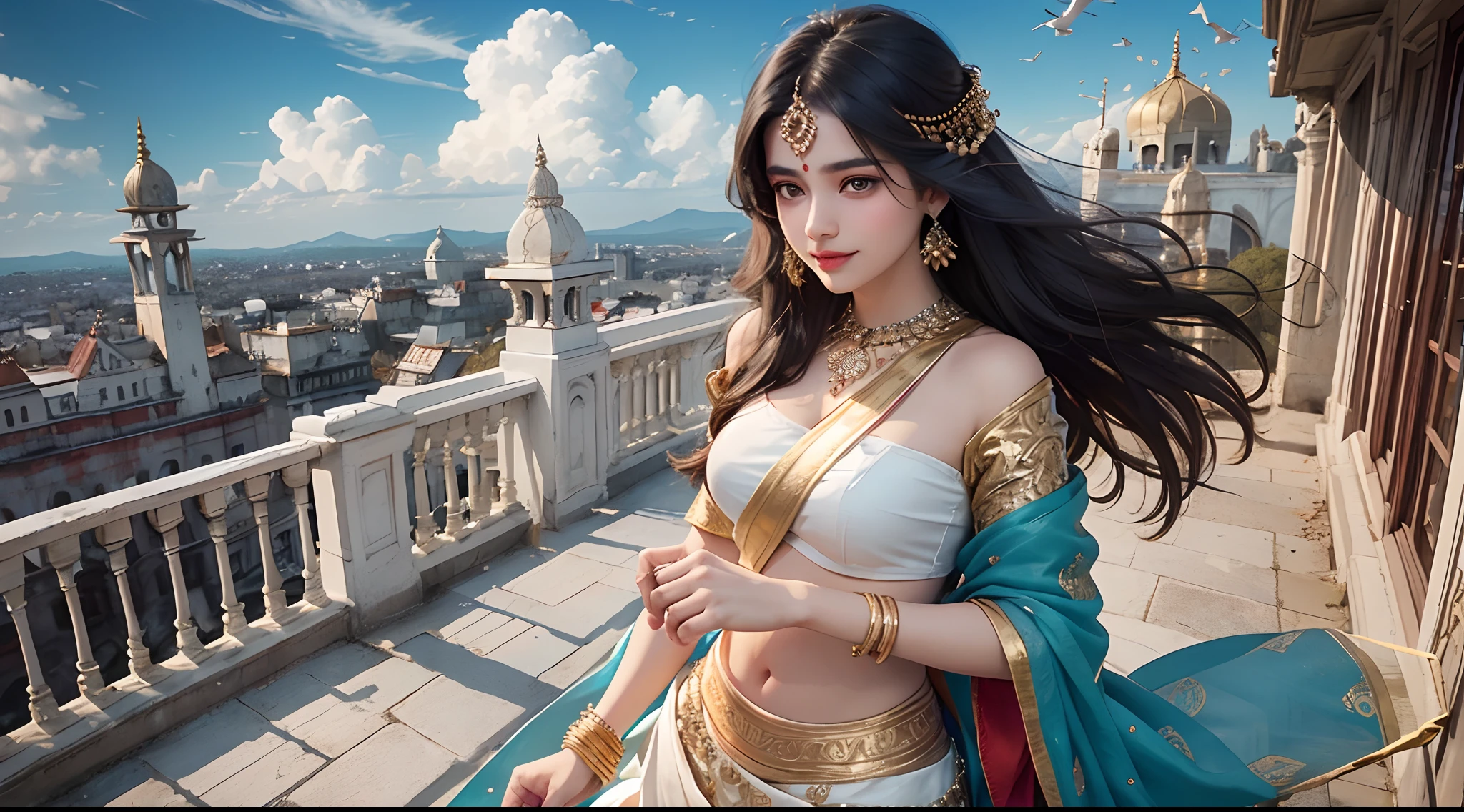 one very beautiful Indian teen girl wng blue sari, standing on balcony of beautiful mysterious white palace in top of the sky, palace in top of clouds, looking at sky, beautiful Indian girl, long black hair, very beautiful white teen girl, red lipsticks, complex designed sari, alone teen girl, smiling, black hair, wind blowing hair, front view, chubby teen girl, very beautiful white color skin, fully white color body, pure white skin tone, Indian origin, king's daughter, wearing heavy 24k pure gold made ornaments, gold glittering, full body view, joyful teen girl, fabulous, romantic, lovely, outdoor, highly detailed, daylight, cloudy sky, stormy air, birds flying in the sky
