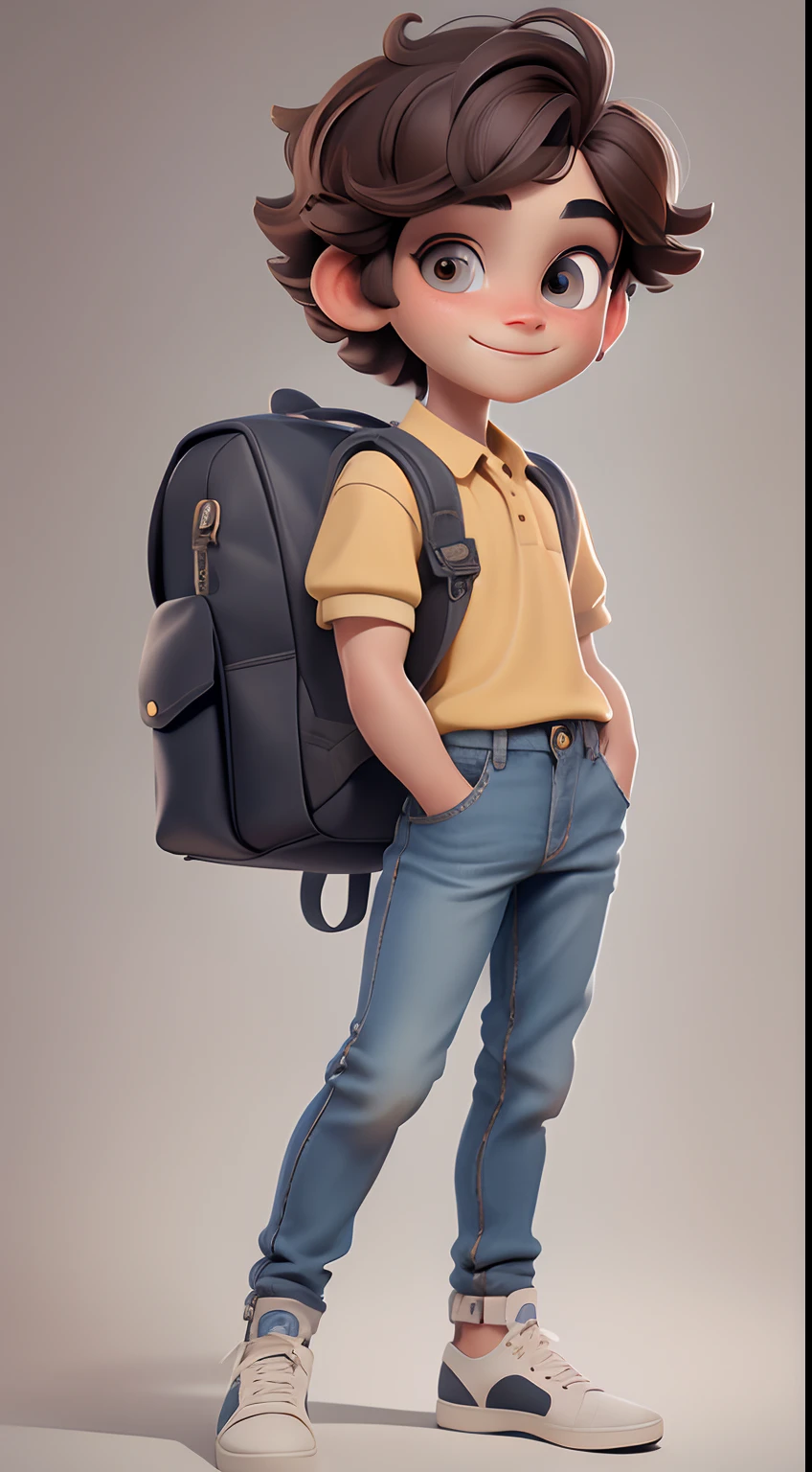 masterpiece, best quality, detailed face, detailed eyes, bright eyes, detailed nose, 1 cuten boy smiling in jeans and polo shirt, backpack, brunette, short hair, (((full body))), Be sure to add shadows, textures and details to the hair, clothes,