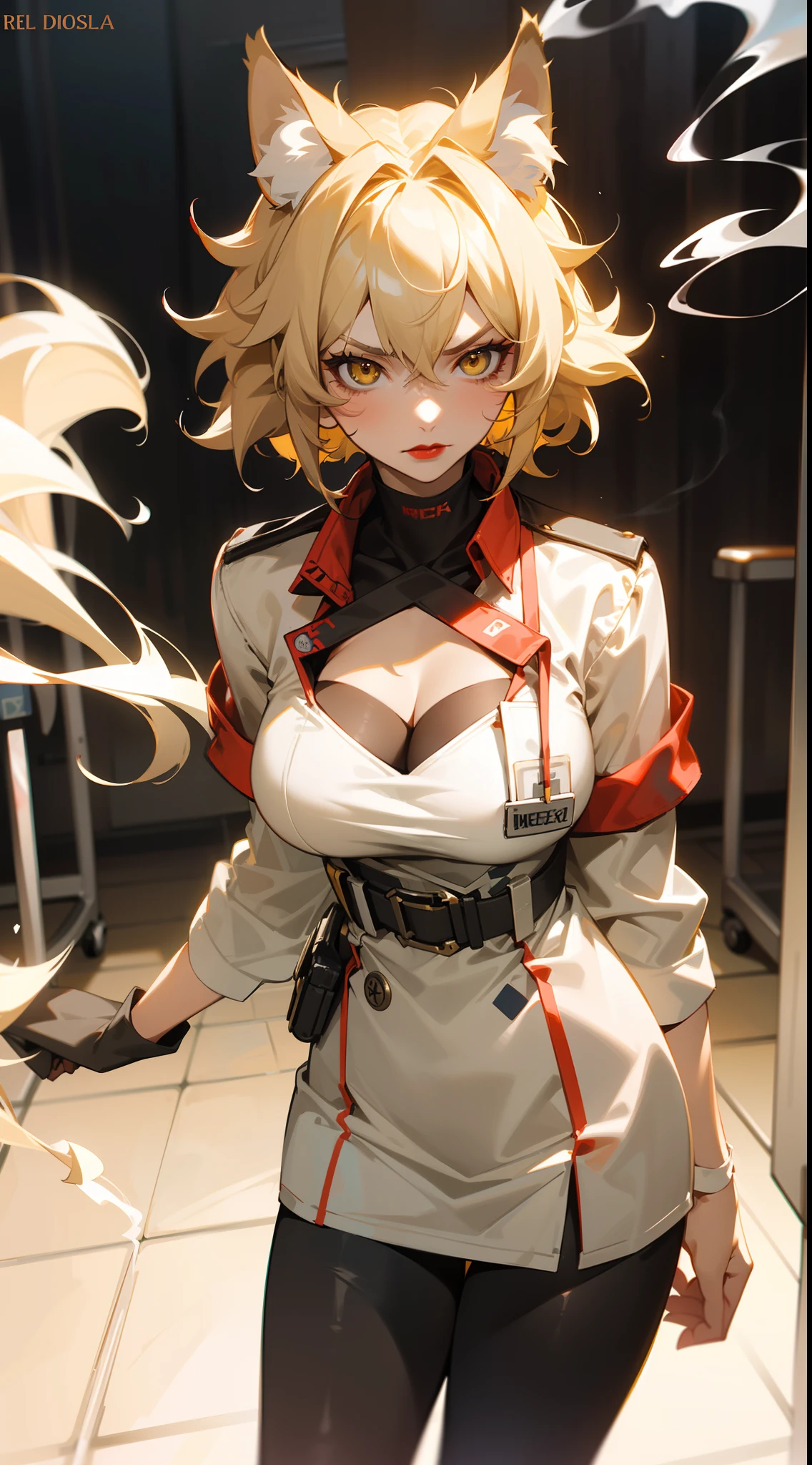 1adult woman, 40 years old,solo, medium hair,disheveled hair,messy hair, large breasts,cleavage,wolf ears,wolf tail,(blonde hair), yellow eyes, serious face, standing, 8k, masterpiece, best quality, cowboy shot, (white doctor outfit, name tag,black tights, red lipstick, smoking), ((hospital room))