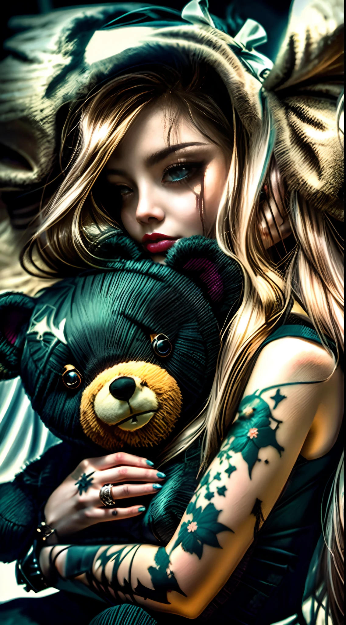 ((Arafed woman with a teddy bear in her arms)), Fantasia sombria cyberpunk sedutora, gotic girl, - Estilo Arte Escura, Art not Guweiz style, gothic aesthetic, cara bonita. fantasia sombria, goth girl aesthetic, trending on deviant art, fantasia arte escura, goth girl, epic 3 d abstract emo girl, gothic art style, gothic art